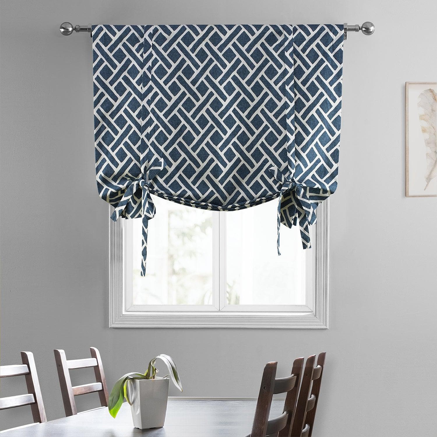 Martinique Blue Geometric Printed Cotton Blackout Window Shade - Stylish Room Darkening Tie-Up Curtain for Bedroom, Living Room & Nursery