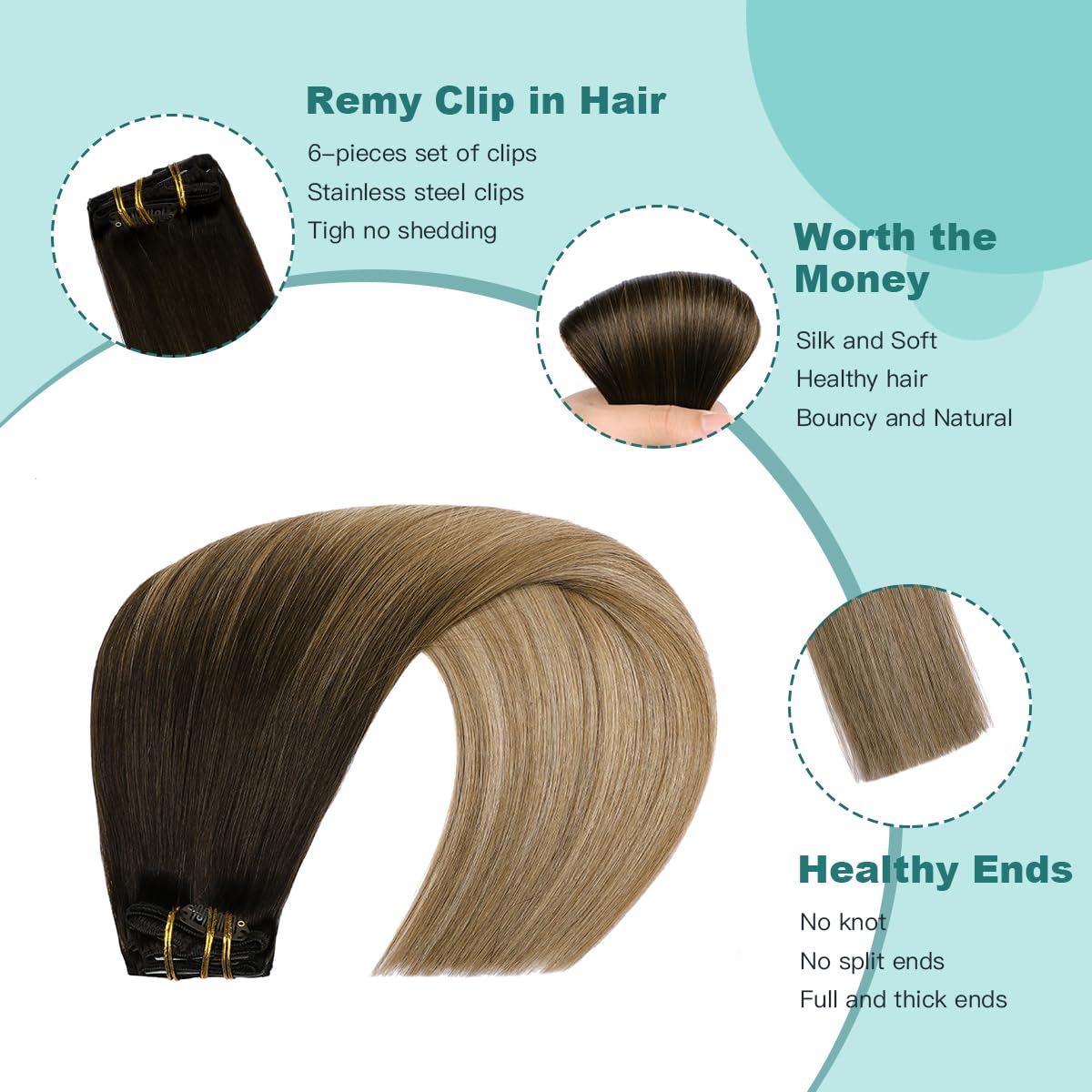 VINBAO 16 Inch Clip in Human Hair Extensions - 100g 6pcs Remy Hair Dark Brown to Dirty Blonde Balayage Straight Thick Hair Wefts (#2/6/18) | Perfect for Daily Styling, Parties & Special Occasions