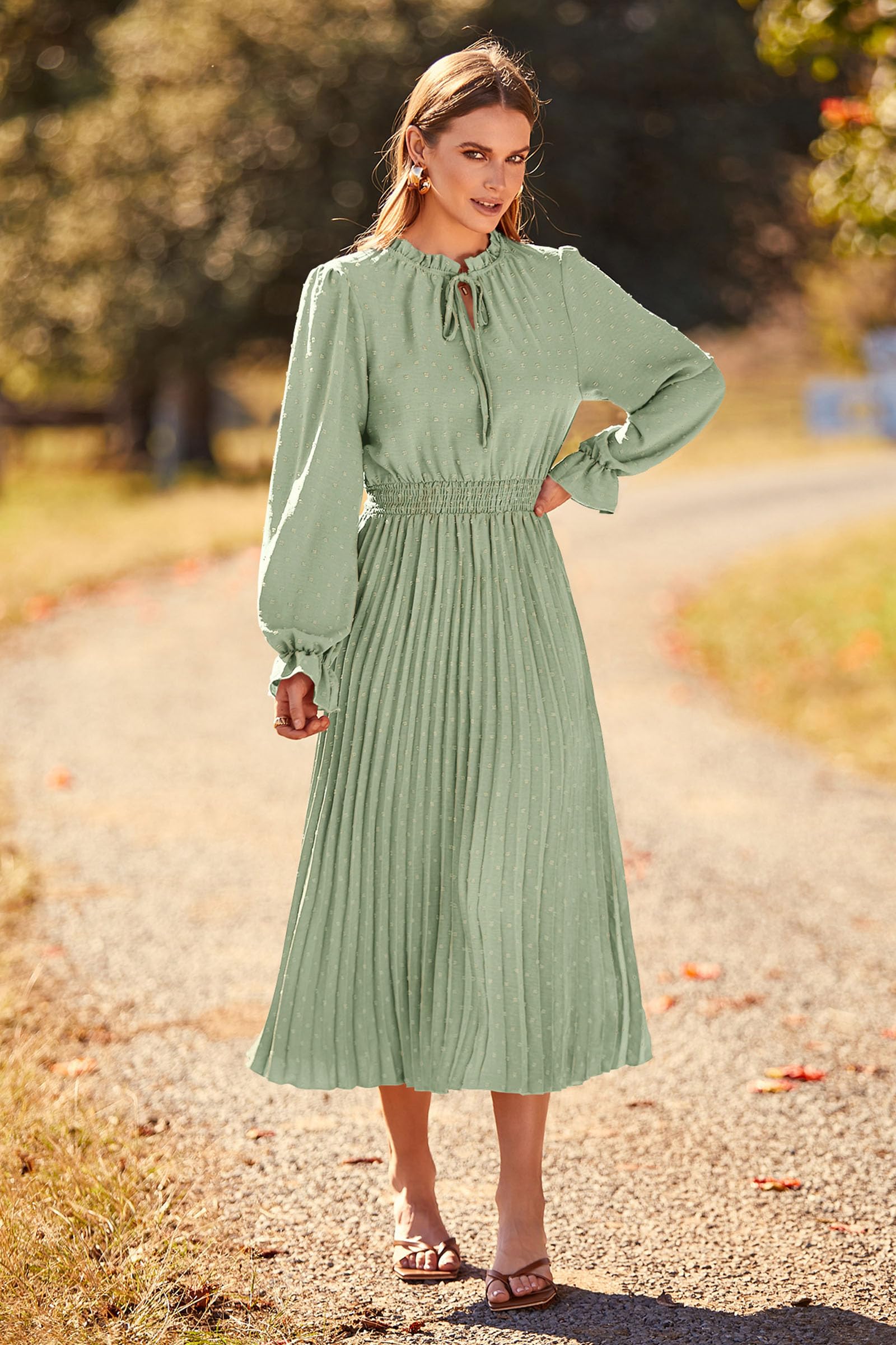 PRETTYGARDEN Women's 2025 Spring Fall Midi Dress - Long Sleeve V-Neck Swiss Dot Pleated A-Line Flowy Casual Dress for Work, Date Night & Special Occasions