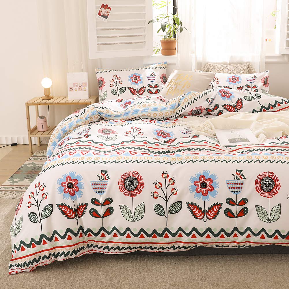Boho Floral Duvet Cover King Size - Reversible Botanical Flowers & Geometric Pattern Bedding Set | Soft Microfiber Comforter Cover with Zipper Closure & Ties | Perfect for Bohemian, Farmhouse & Modern Bedrooms