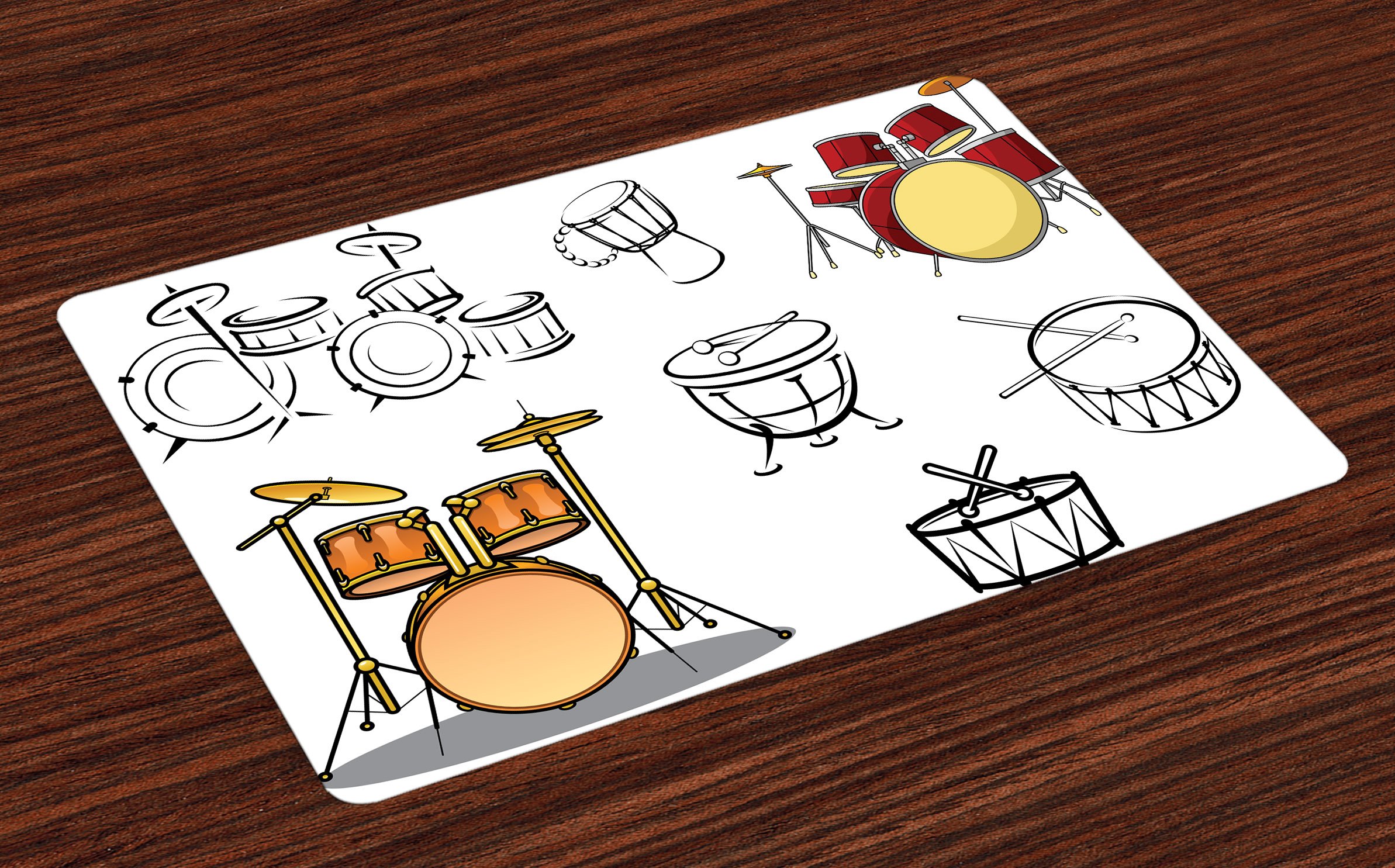 Lunarable Drums Place Mats Set of 4 - Washable Fabric Dining Table Mats with Trap, Bongo & Timpani Design for Kitchen & Dining Room Decor | Perfect for Western, Eastern, Folk, Rock & Pop Music Lovers