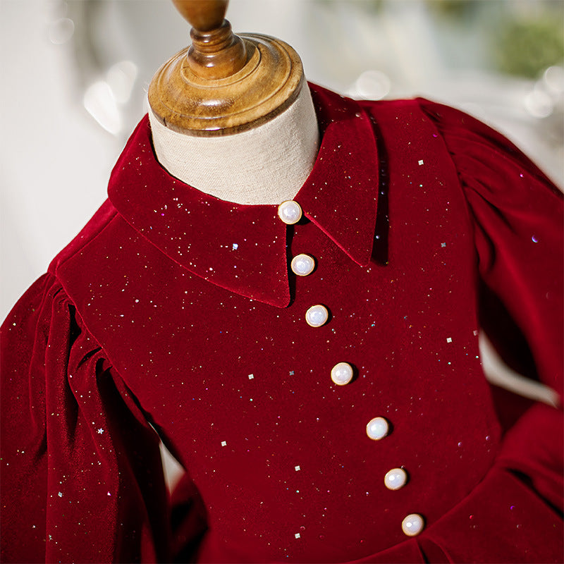 Baby Girl Easter Birthday Party Dress - Winter Red Long Sleeve Square Neck Sequined Princess Dress for Toddlers | Perfect for Holiday Photos, Special Occasions & Christmas Celebrations