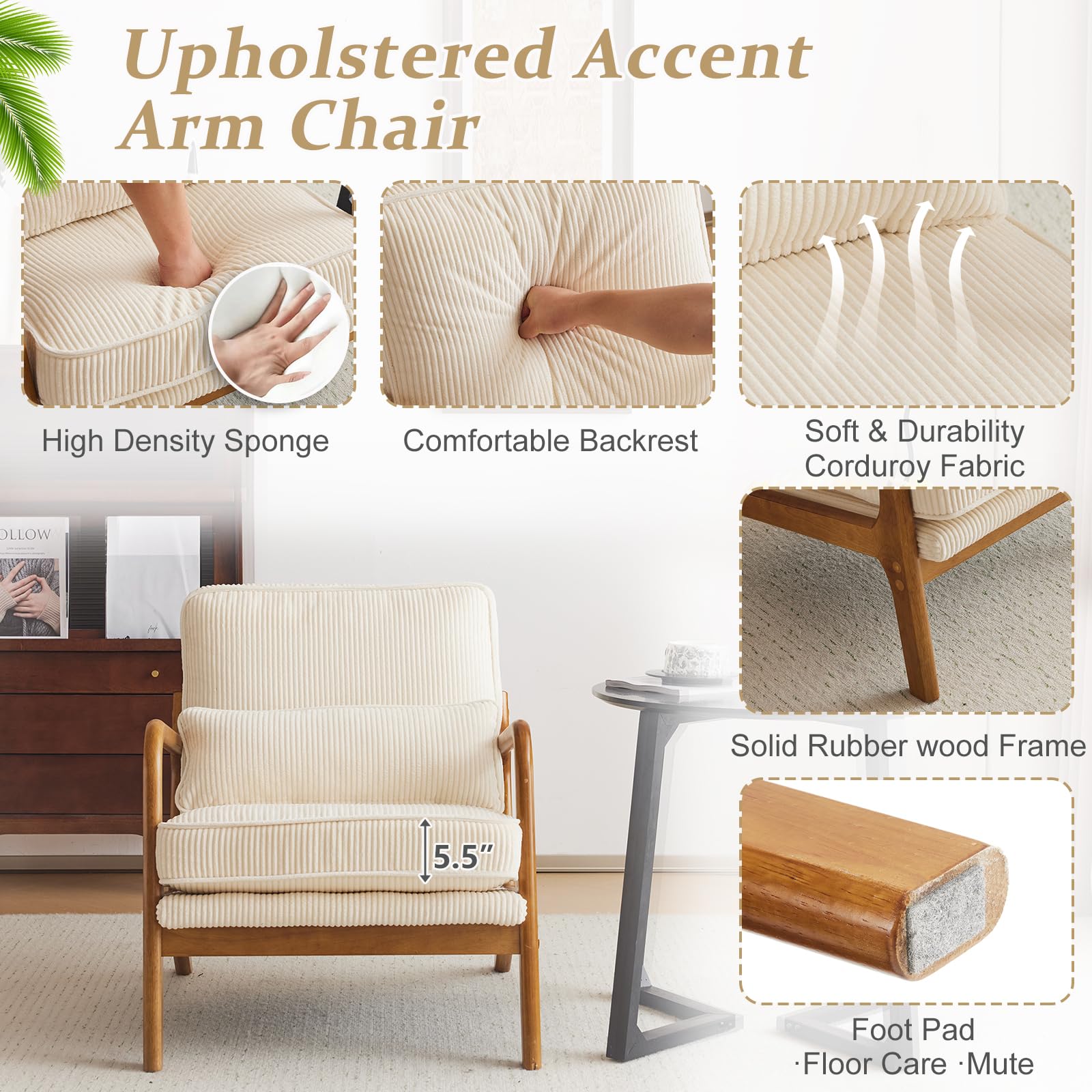 Premium Corduroy Accent Chairs Set of 2 - Mid Century Modern Upholstered Armchairs with Solid Wood Frame & Lumbar Pillow - Comfy Reading Chairs for Living Room, Bedroom, Office - Beige Home Decor