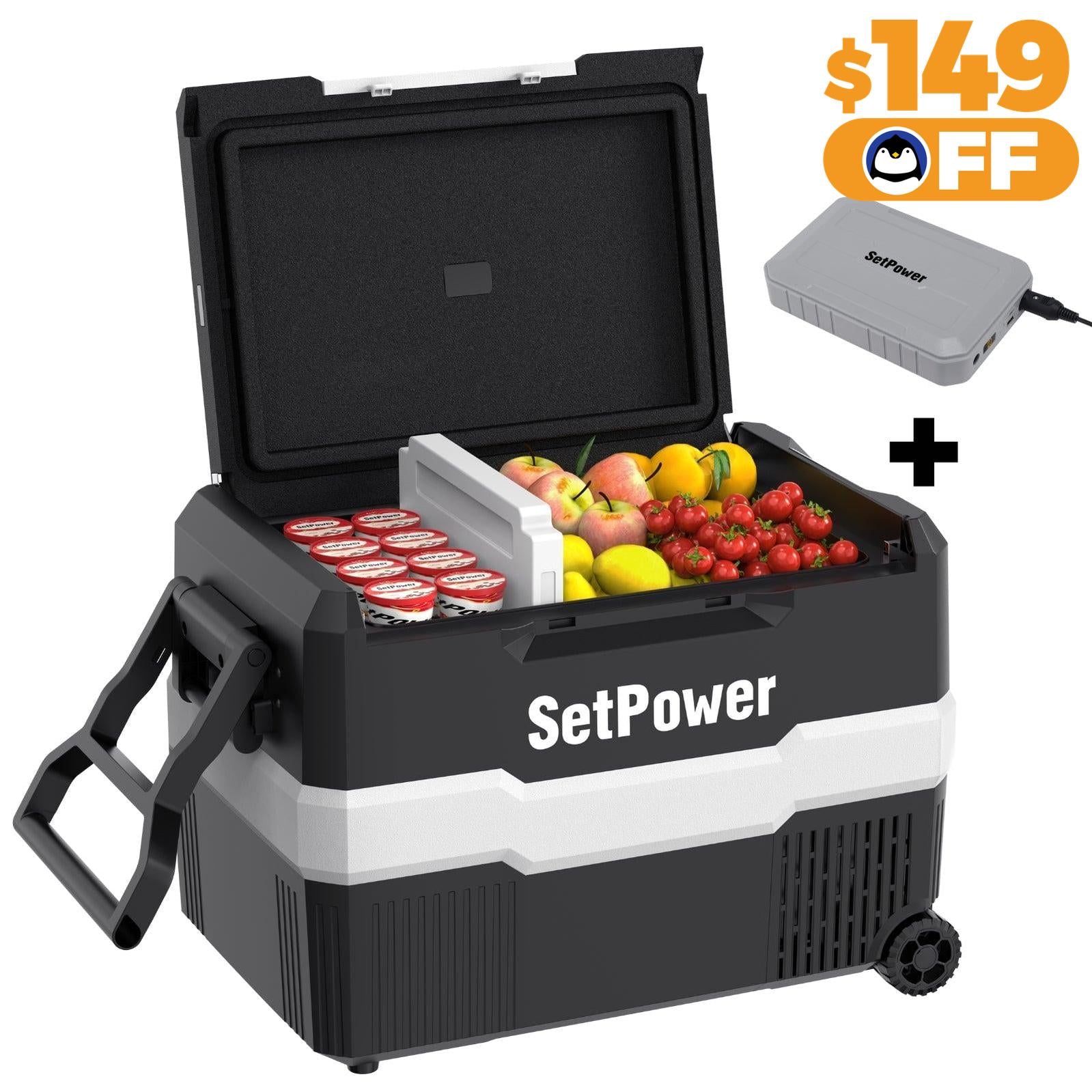 Setpower RV45D 12V Portable Refrigerator Freezer for RV, Car, Camping - 45L Compact Fridge with Power Bank | Perfect for Road Trips, Outdoor Adventures & Emergency Food Storage