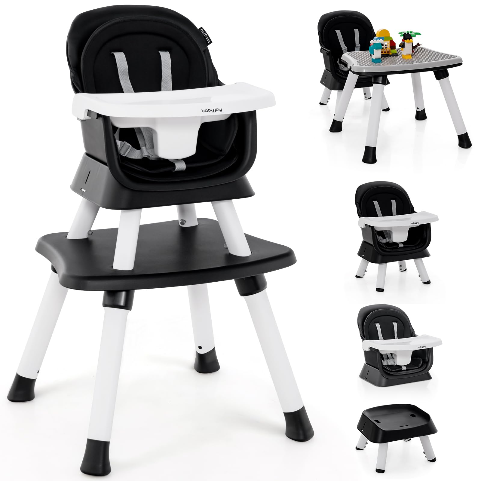 BABY JOY 8-in-1 Convertible Baby High Chair with Safety Harness - Toddler Booster Seat, Dining Chair & Building Block Table - Adjustable Height, Removable Tray (Black) - Perfect for Feeding, Playtime & Learning Activities at Home