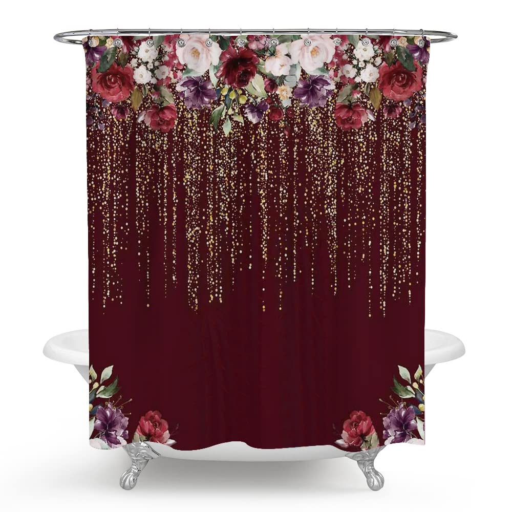 Elegant Burgundy Floral Shower Curtain with Golden Glitter - Rose Design Wedding & Bridal Bathroom Decor - Soft Lightweight 72x72 Inch Shower Curtain with Grommets & Hooks - Perfect for Romantic Bathrooms, Master Suites & Luxury Hotel Styling