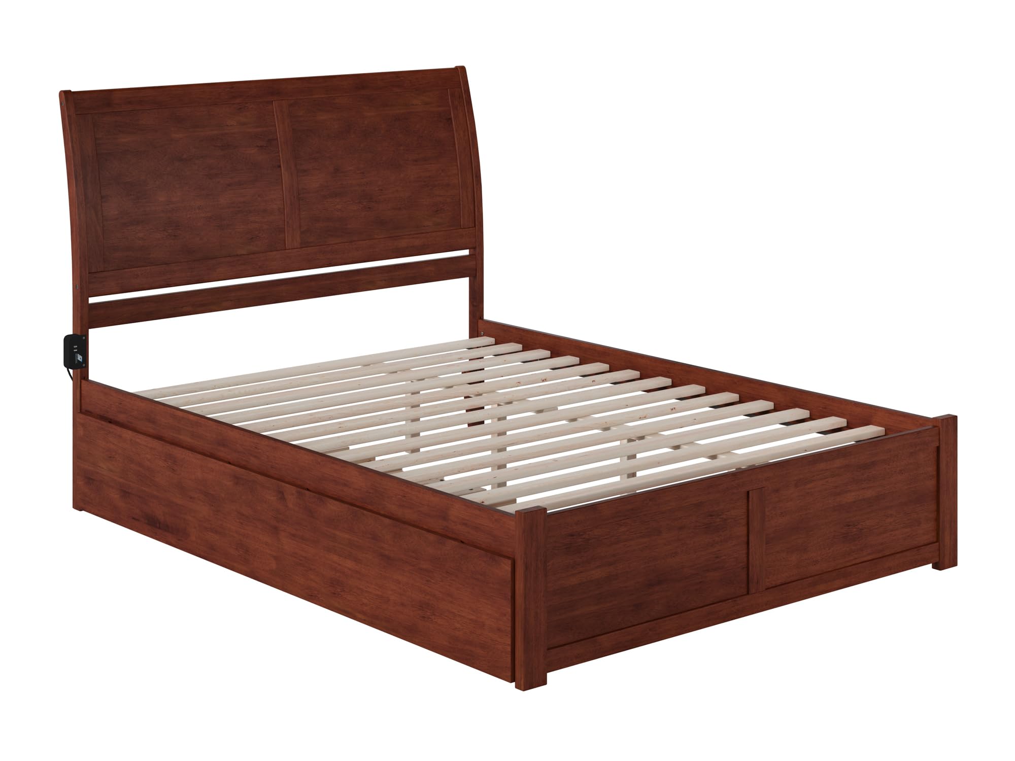 AFI Portland Queen Size Platform Bed with Footboard & Twin XL Trundle in Walnut - Modern Wooden Bed Frame with Storage Drawer for Small Space Bedroom, Guest Room & Kids Room