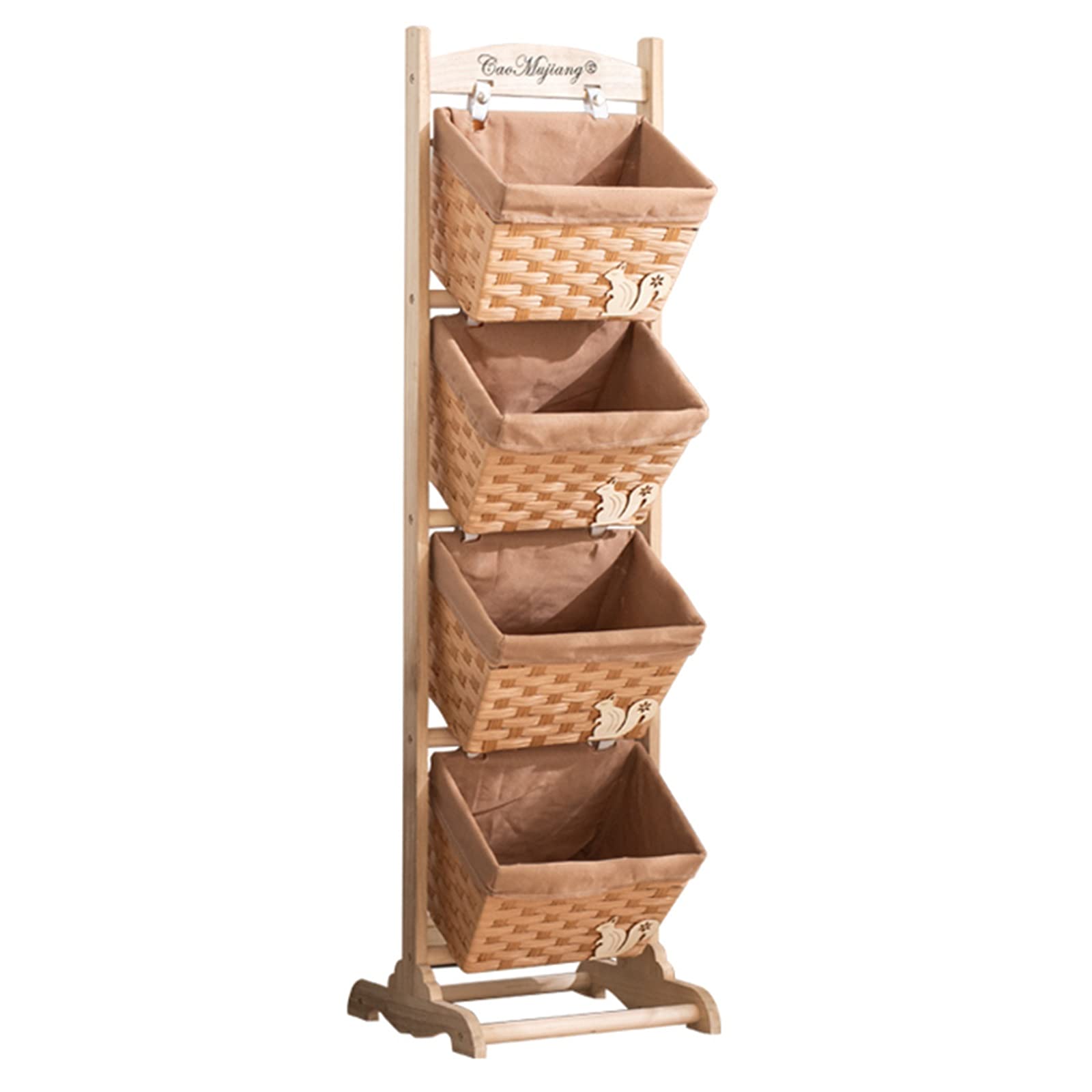 4-Tier Rattan Newspaper Rack Floor Storage Organizer with Removable Baskets - Space Saving Storage Solution for Bedroom, Nursery, Entryway & Small Spaces - Perfect for Magazines, Toys, Blankets & Home Organization
