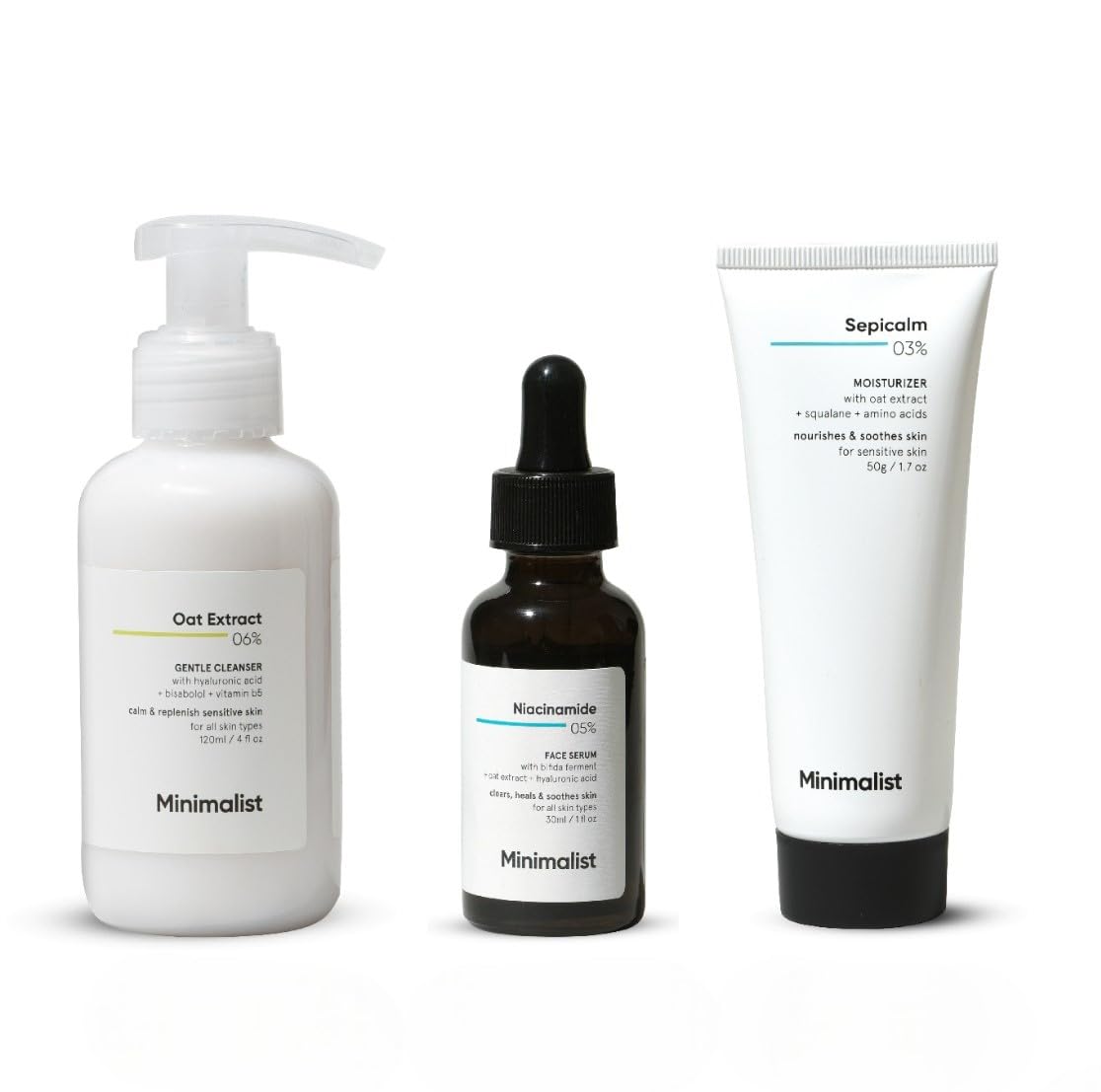 Gentle Minimalist Skincare Set for Sensitive Skin - Fragrance-Free Face Wash, Soothing Serum & Hydrating Moisturizer | Daily Sensitive Skin Care Routine for Dry & Irritated Skin