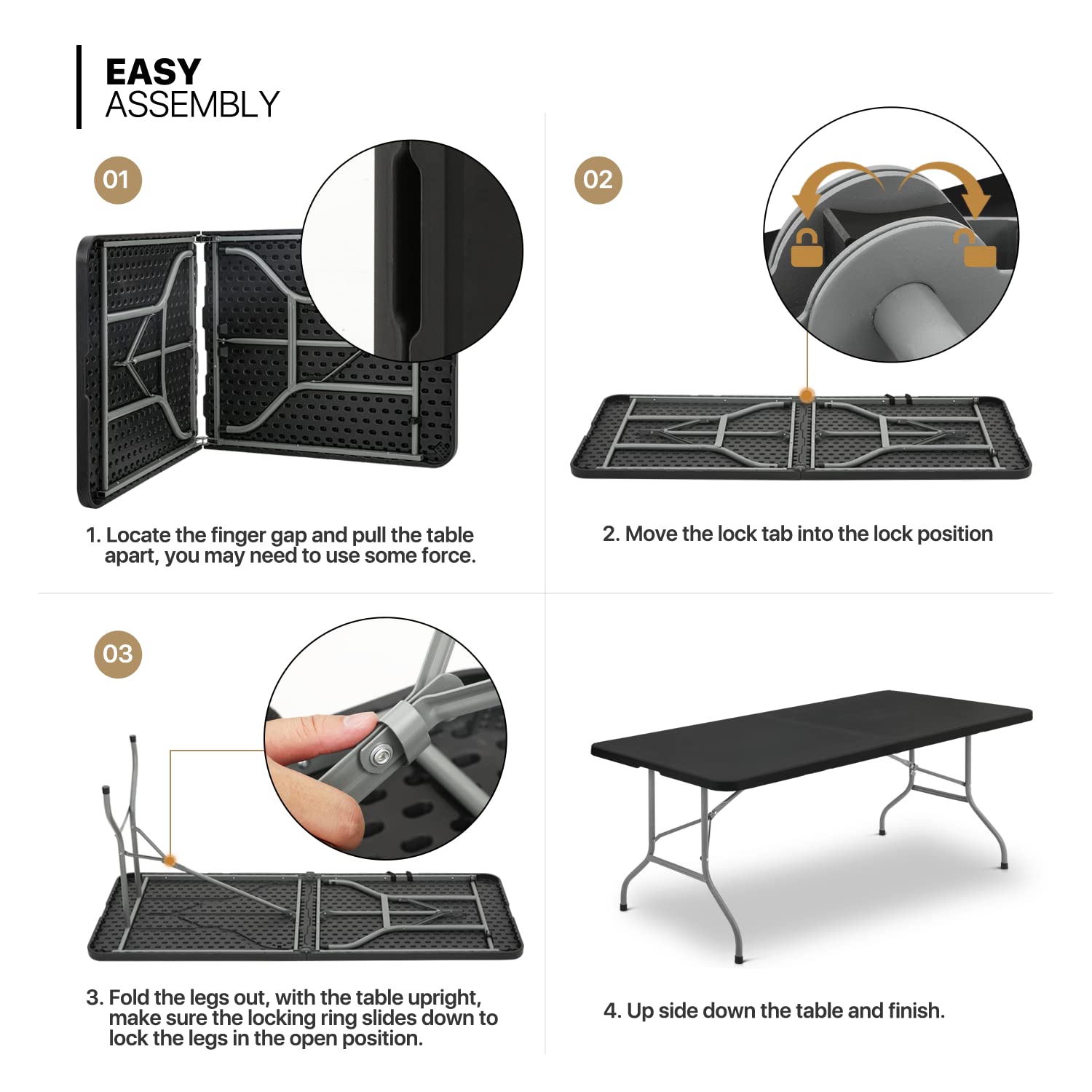 MoNiBloom 8Ft Folding Heavy Duty Utility Table - Indoor Outdoor Portable Plastic Table with Steel Legs & Handle for Wedding, Event, Picnic, Camping, BBQ - Black (Perfect for Parties, Tailgating & Home Use)