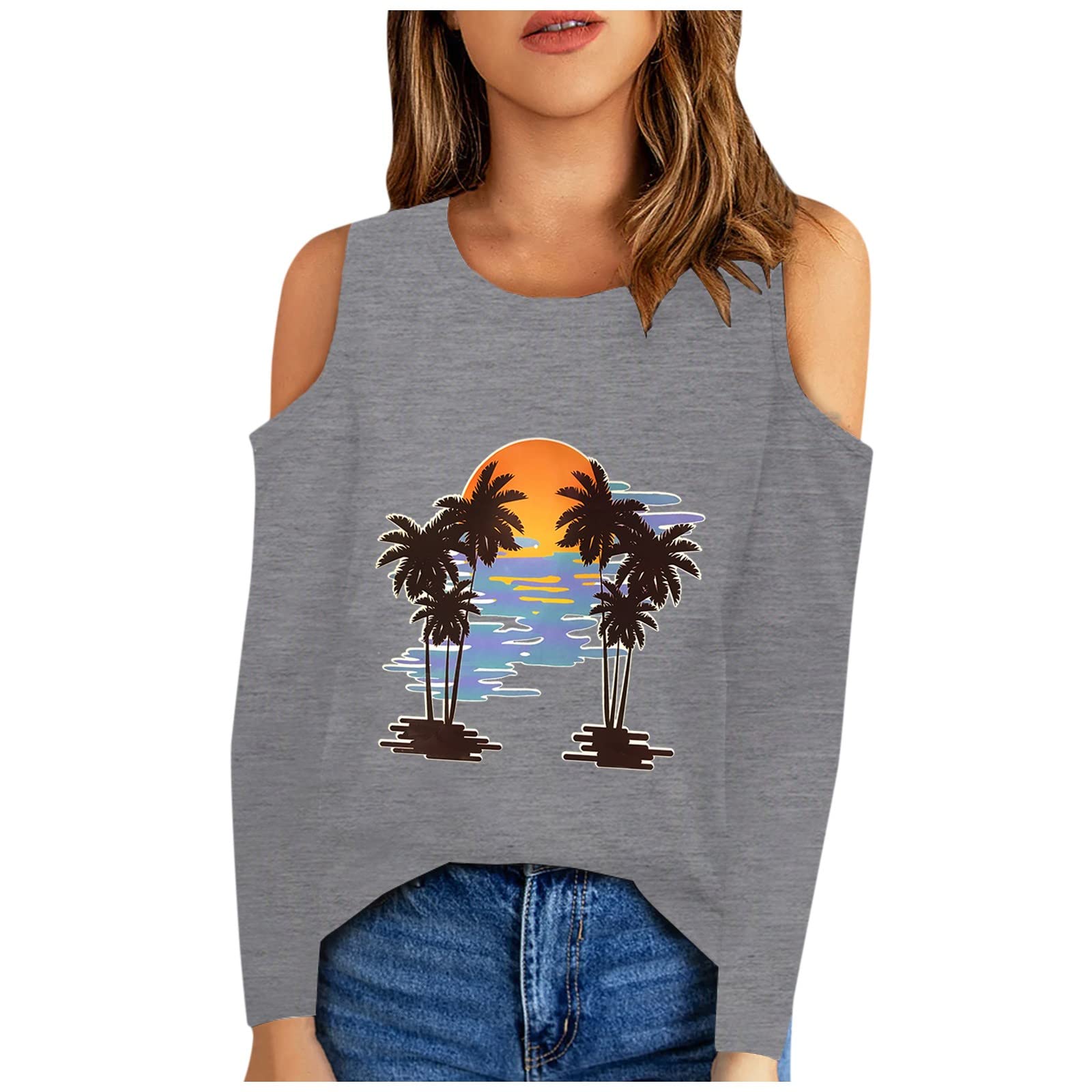 Women's Fall Tops - Beach Sunset Print Tunic Crewneck Cold Shoulder T-Shirt Long Sleeve Slim Fit Blouse for Casual Wear, Vacation & Date Night Outfits