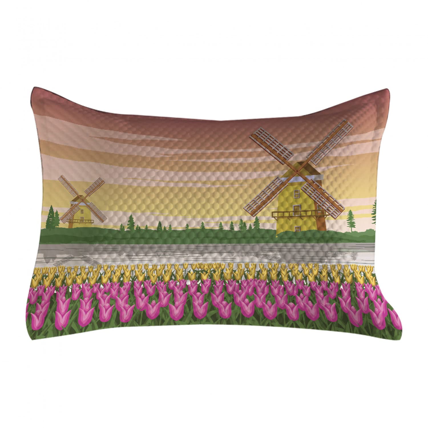 Ambesonne Amsterdam Quilted Pillow Cover - Vibrant Botanical Design with Bi-Color Tulips & Windmills, King Size 36x20 Inch Decorative Pillow Case for Bedroom Sofa Living Room - Multicolor Home Decor