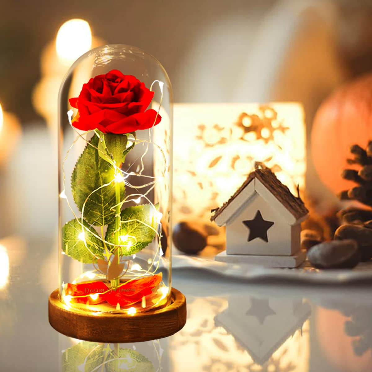 Beauty and The Beast Rose in Glass Dome - Artificial Red Rose Flower Gift for Her, Valentine's Day, Birthday, Anniversary & Wedding - Lasts Forever - Perfect Romantic Home Decor & Gift Idea