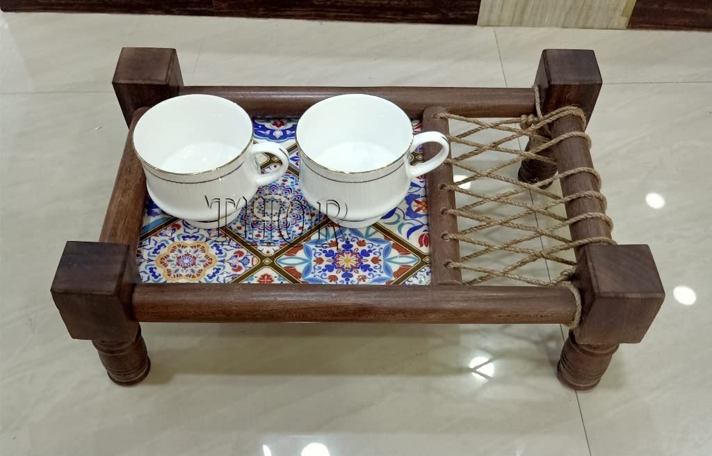 Handcrafted Asian Wooden Cot Tray for Snacks & Drinks | Traditional North Indian Decorative Serving Tray for Breakfast, Tea, or Coffee | Perfect for Dining Room, Coffee Table, and Bedside Use