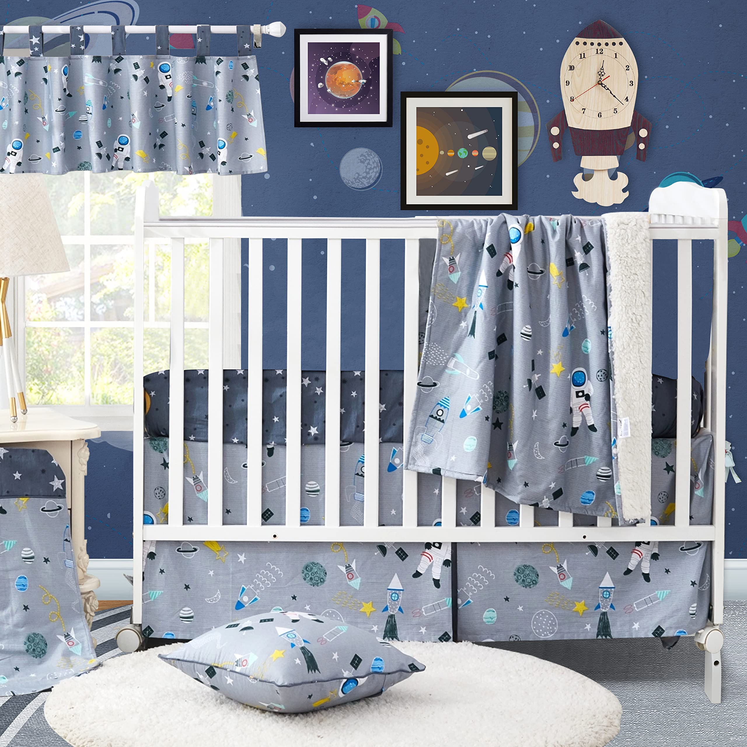 Brandream 3-Piece Space Crib Bedding Set for Boys - Astronaut Rocket Galaxy Nursery Collection with Crib Blanket, Stars Fitted Sheet & Gray Skirt | Perfect for Baby Showers, Nursery Decor & Space-Themed Rooms