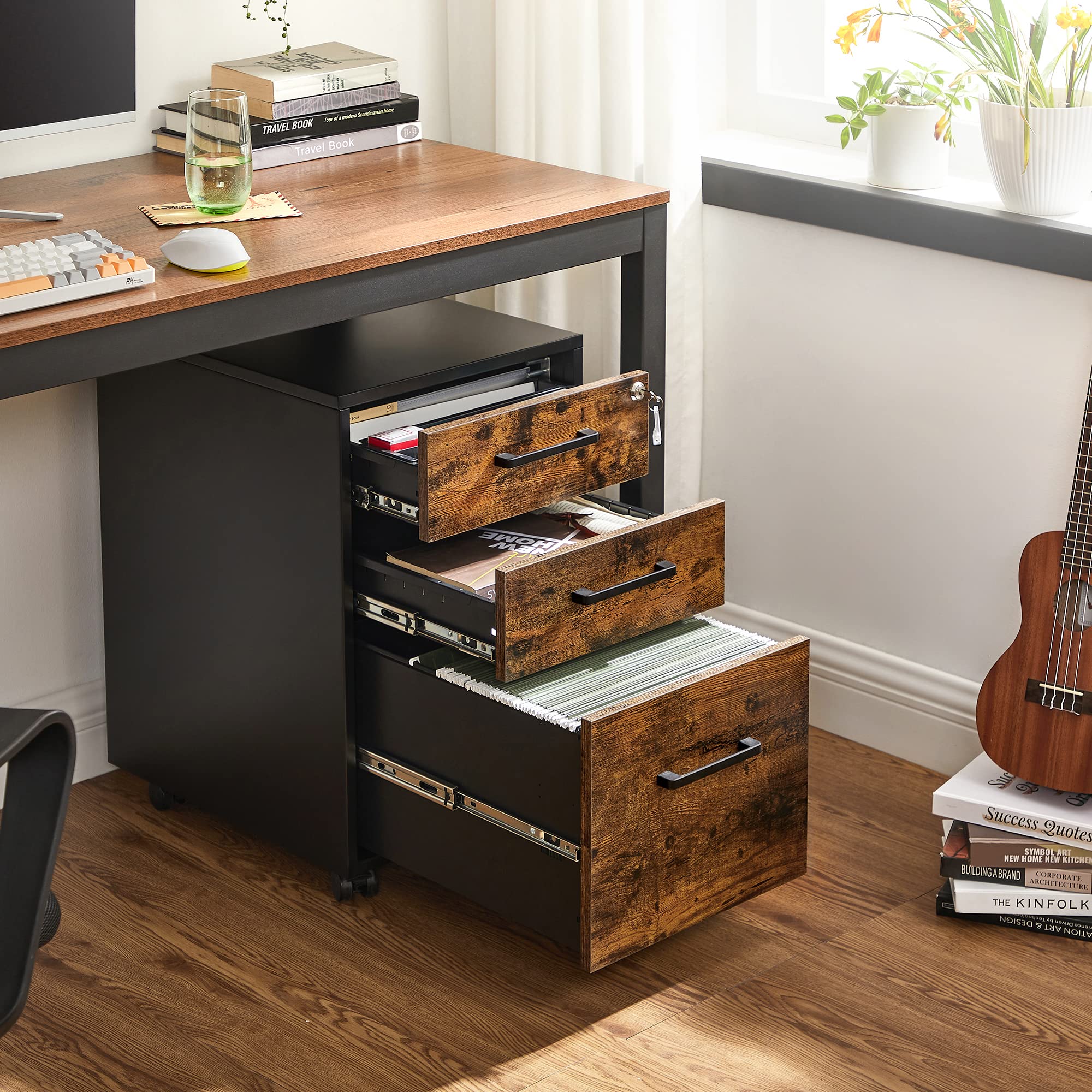 SONGMICS File Cabinet with Lock - Pre-Assembled Office Filing Cabinet for A4, Legal & Letter Size Documents - 17.7 x 14.4 x 23.6 Inches Rustic Brown & Black - Perfect for Home Office, Study Room & Workspace Organization (UOFC110B01V1)