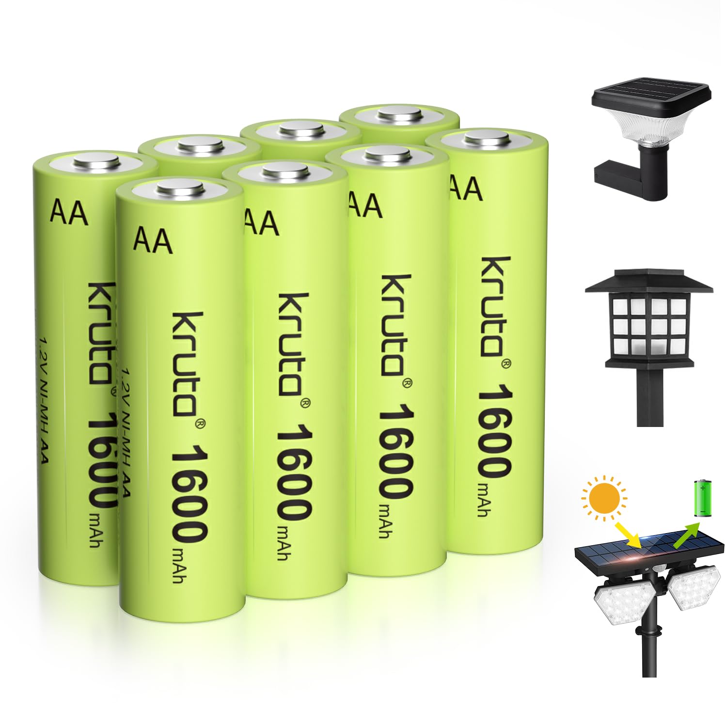 Kruta 8-Pack Ni-MH AA Rechargeable Batteries 1600mAh 1.2V - High Capacity Double A Batteries for Solar Lights, Outdoor Lighting, Garden Pathway & String Lights - Pre-Charged Ready to Use for Landscaping & Home Decor