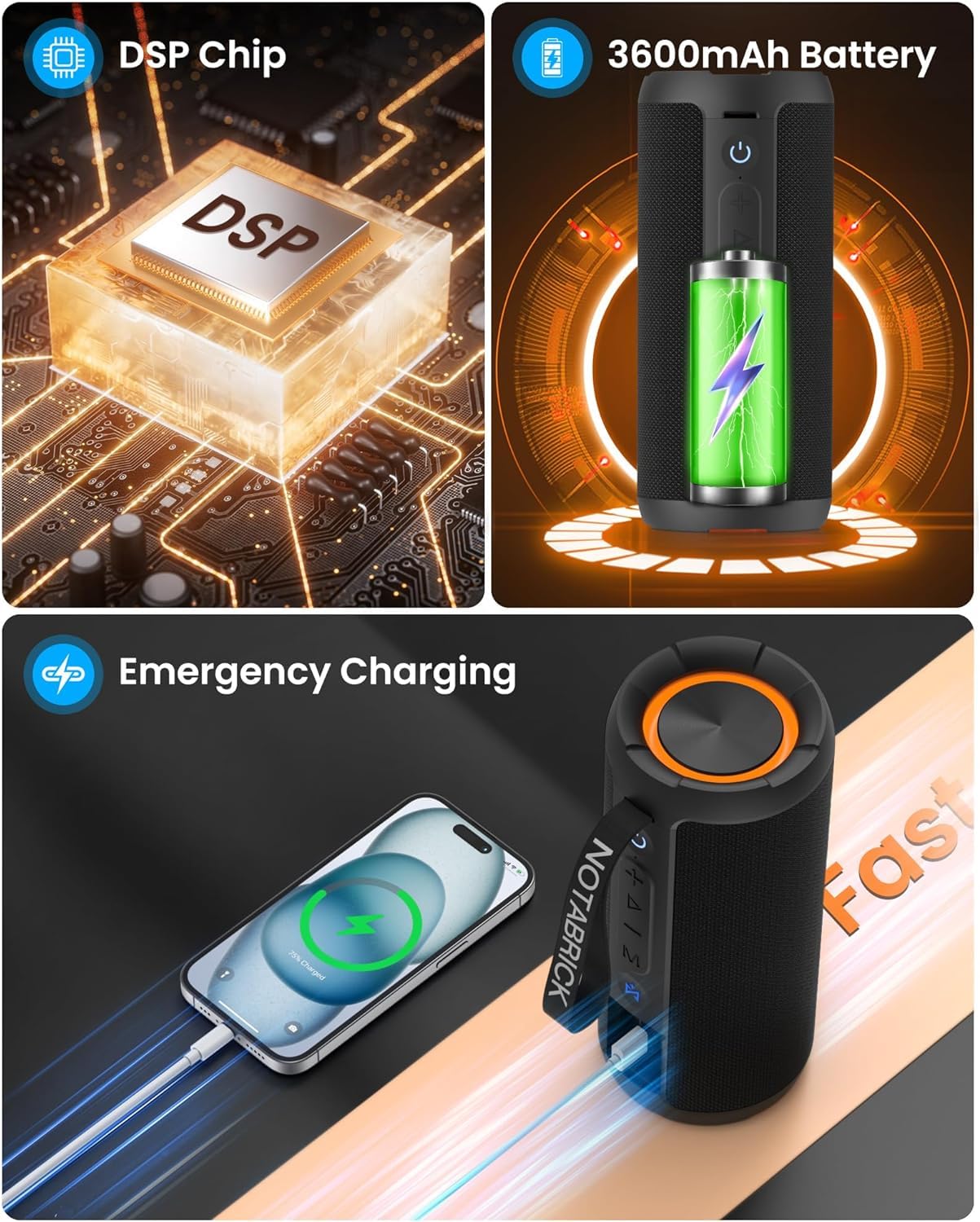 NOTABRICK 40W Bluetooth Speaker with LED Lights, IPX7 Waterproof Wireless Speaker, Deep Bass, Built-in Power Bank, TF/AUX/USB, Portable for Outdoor, Home, Party, and Travel