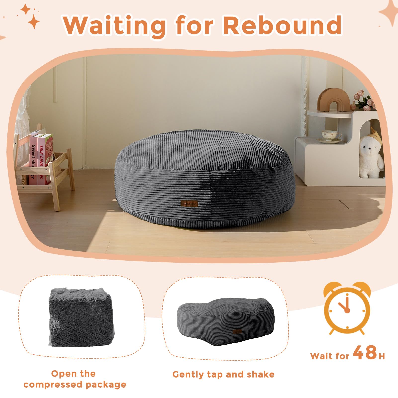 MAXYOYO 3-in-1 Convertible Kids Bean Bag Chair & Bed - Corduroy Round Floor Sofa for Children's Room, Gaming & Reading - Dark Grey - Perfect for Playrooms, Bedrooms & Dorm Rooms