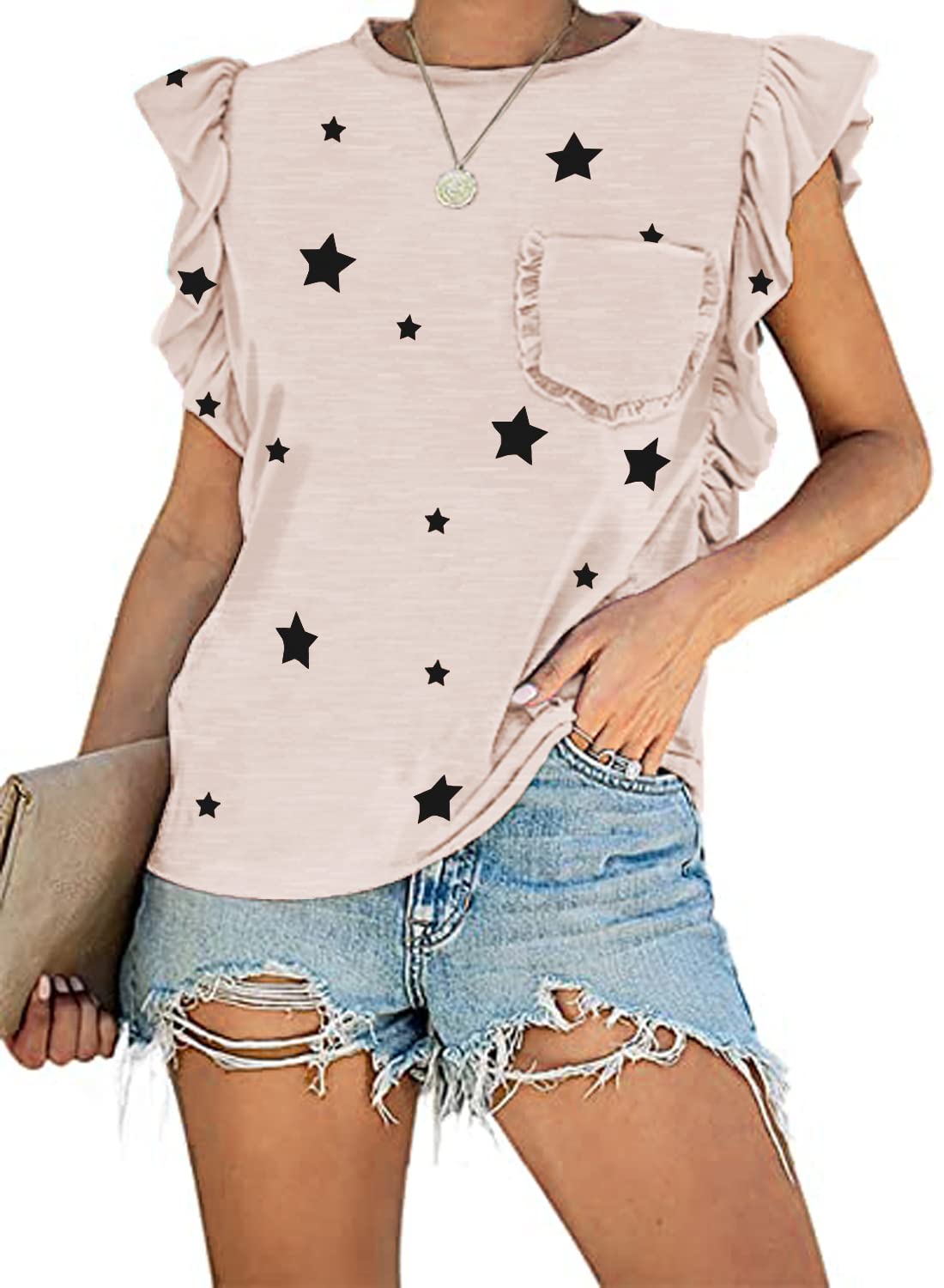 MIHOLL Women's Summer Sleeveless T-Shirt - Casual Loose Fit Ruffle Blouse Tank Top for Beach, Vacation & Everyday Wear