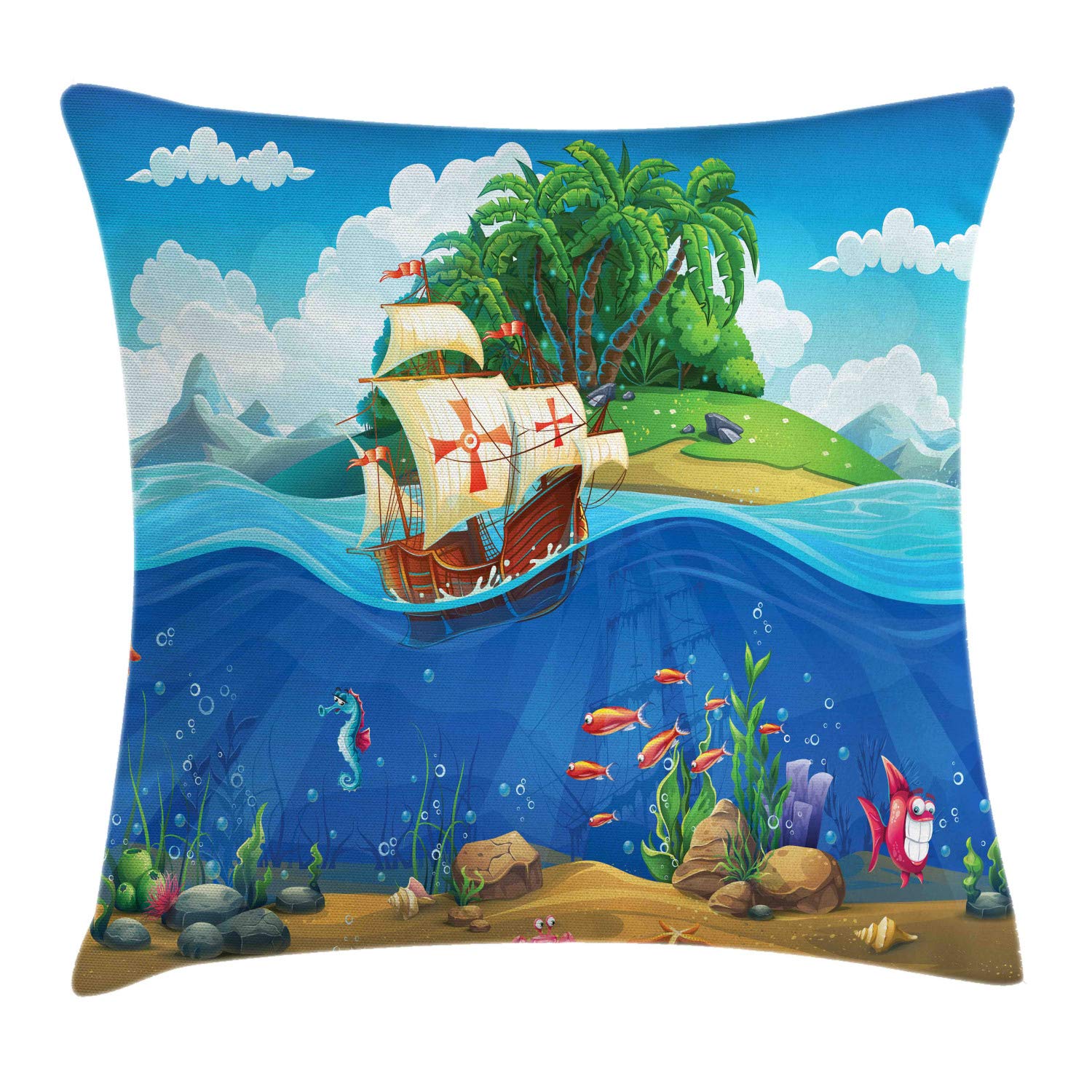 Ambesonne 18x18 Inch Island & Underwater Theme Decorative Throw Pillow Cover - Cartoon Portuguese Caravel Design in Cobalt Blue & Multicolor for Living Room, Bedroom, or Boat Decor