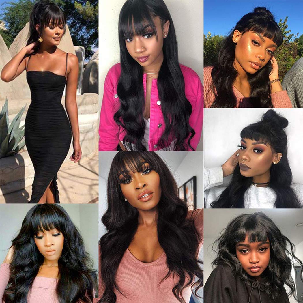Brazilian Body Wave Human Hair Wigs with Bangs for Black Women - 8A Grade Glueless Machine Made Lace Front Wig (150% Density, 14 Inch, Natural Color) | Perfect for Daily Wear, Cosplay & Special Occasions