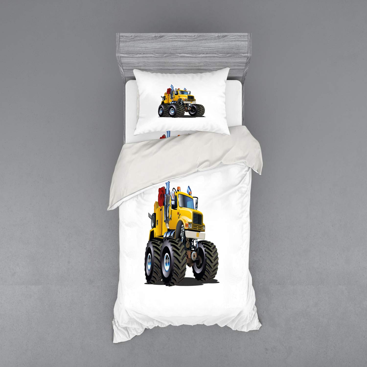 Ambesonne Monster Truck Bedding Set - 3 Piece Duvet Cover with Sham & Fitted Sheet, Twin XL Size, Burgundy Yellow Black - Perfect for Kids' Room, Teen Boy Bedroom & Truck Lovers Decor