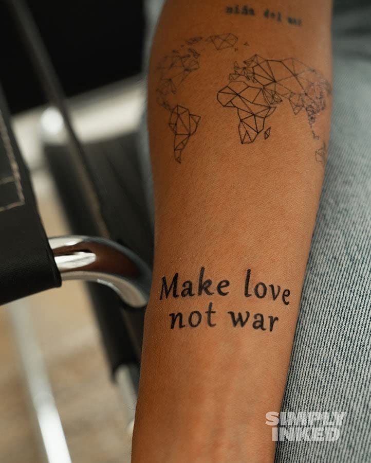 Simply Inked 'Make Love Not War' Temporary Tattoo - Inspirational Quote Design for Women, Men, Girls & Boys - Waterproof Fake Tattoo Sticker (2.5x4 Inch, Black, 1 Piece) - Perfect for Festivals, Parties & Self-Expression