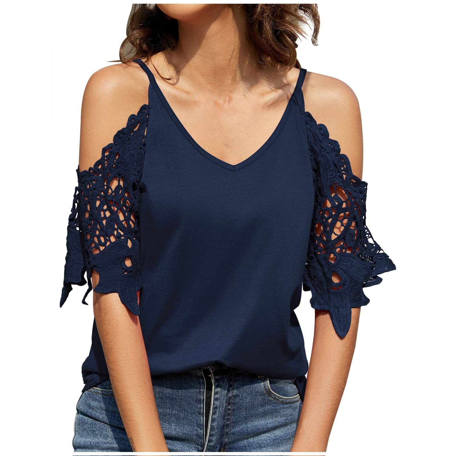 Women's Summer V-Neck Cold Shoulder Tops - Lace Cut-Out Short Sleeve Blouses in Solid Colors | Casual Wear, Beach Outfits, and Date Night Shirts