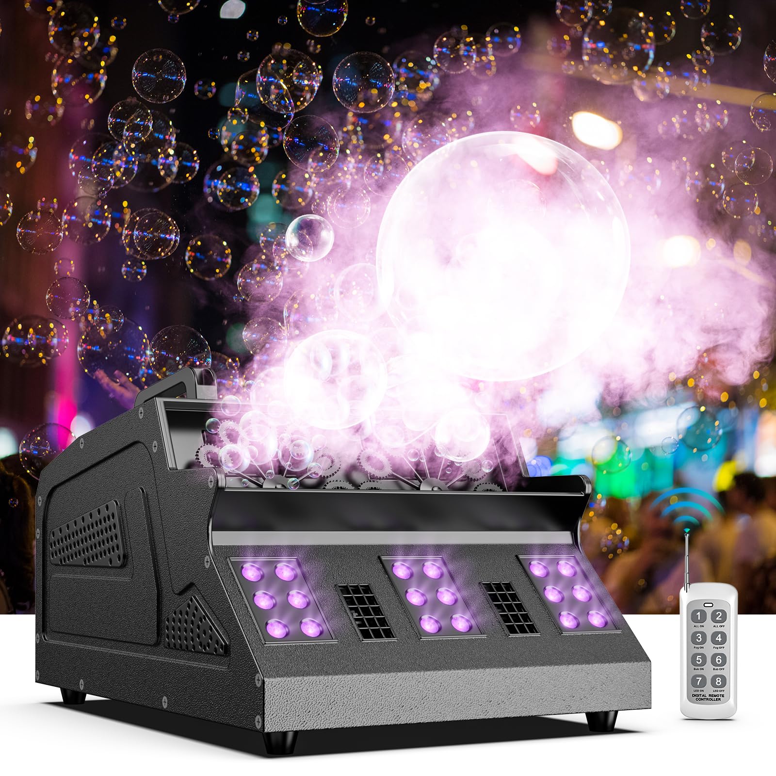 2000W Powerful 3-in-1 Fog Bubble Machine with Dual Bubble Fans & 7CH RGB LED Lights - Professional Smoke Bubble Machine for Halloween, Parties, Weddings, DJ Shows, and Stage Performances