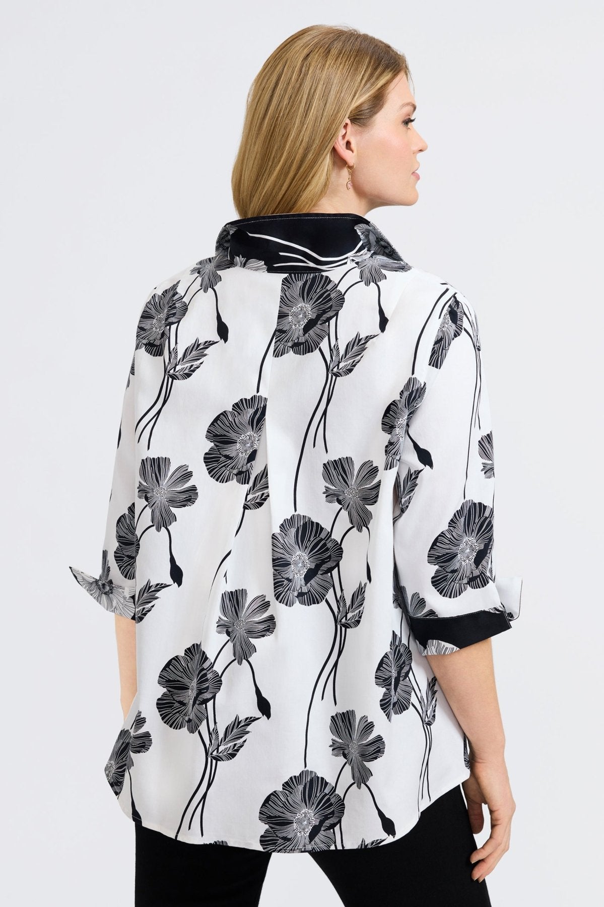 Agnes Plus Black Poppy 3/4 Sleeve Popover Shirt for Women - Stylish Casual Blouse for Work & Everyday Wear | Perfect for Office, Outings & Date Nights