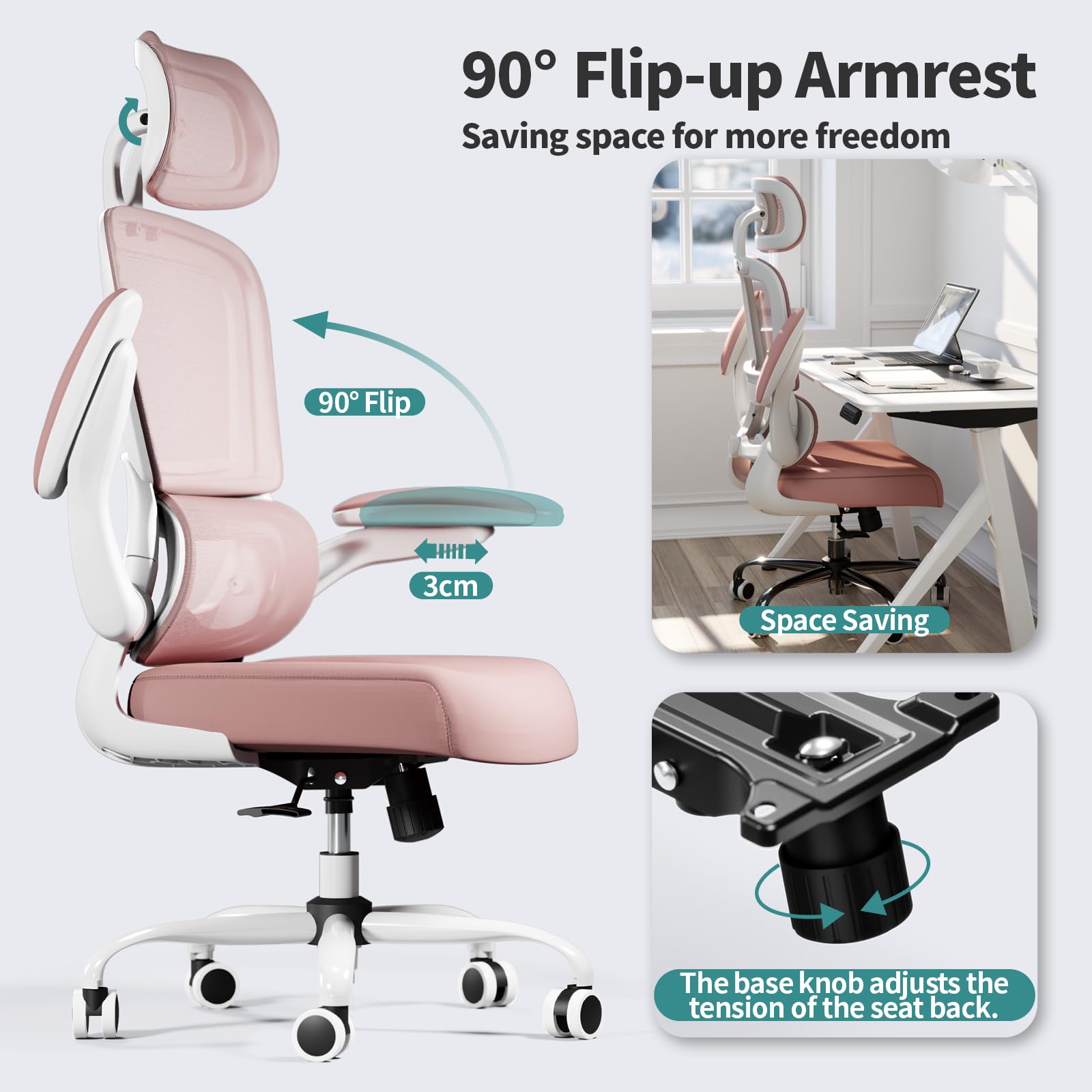 Ergonomic Office Chair with Wheels - 330 LBS Capacity High Back Mesh Desk Chair for Home & Gaming - Comfortable Computer Chair for Long Hours (Pink) - Perfect for Home Office, Gaming Setup, and Workspaces