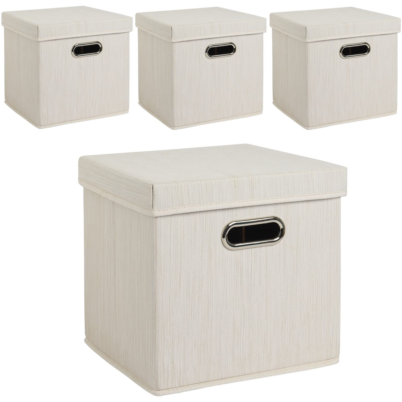 EXTREE 11 Inch Stackable & Collapsible Fabric Storage Bins with Lids & Handles - Set of 4 Foldable Organizer Baskets for Closet, Bedroom, Nursery, Office (Cream) | Space-Saving Home Storage Solution for Toys, Blankets & Seasonal Items