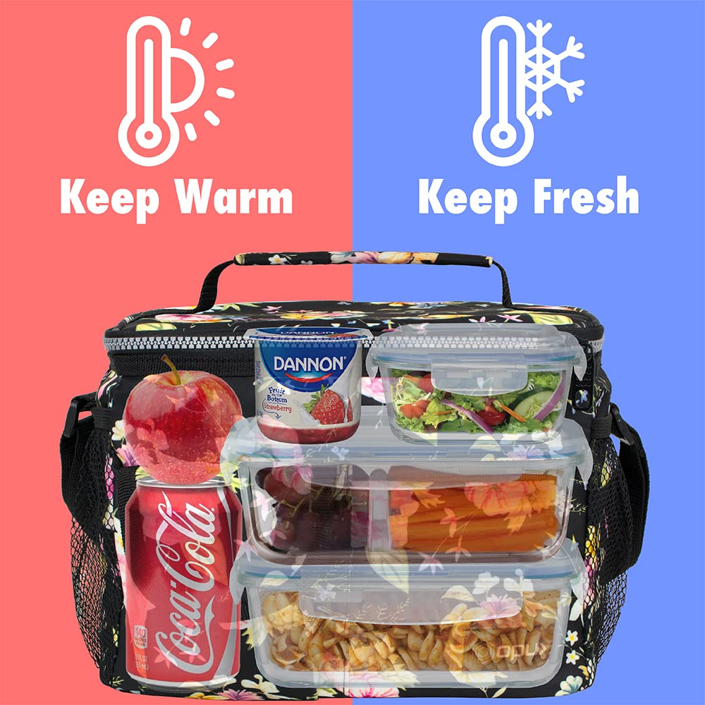 OPUX Insulated Lunch Bag for Men & Women - Leakproof Floral Black Lunch Box for Work, School & Travel - Portable Soft Cooler Bag with Shoulder Strap - Holds 14 Cans/8L - Perfect for Office, Picnics & Outdoor Activities