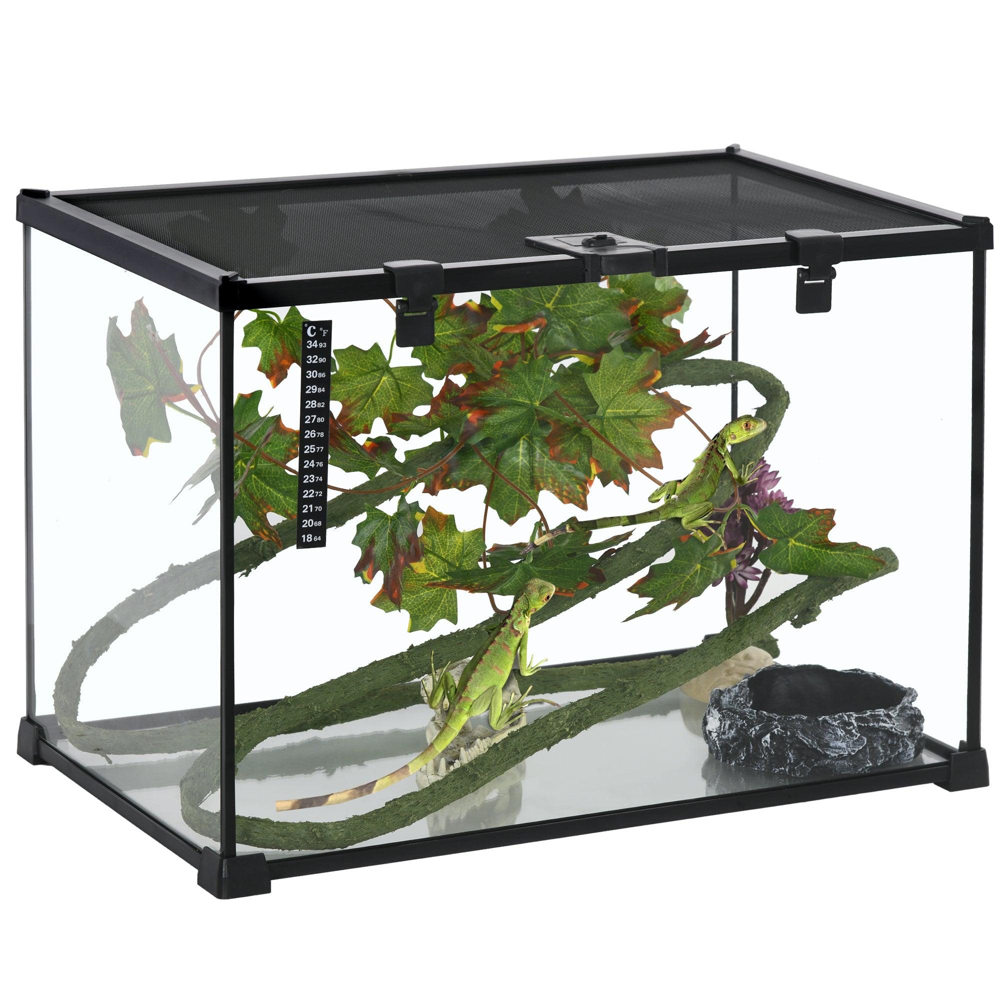 14 Gallon Reptile Glass Terrarium Tank with Decor Kit - Full View Breeding Enclosure with Sliding Screen Top for Lizards, Frogs, Snakes & Spiders (20
