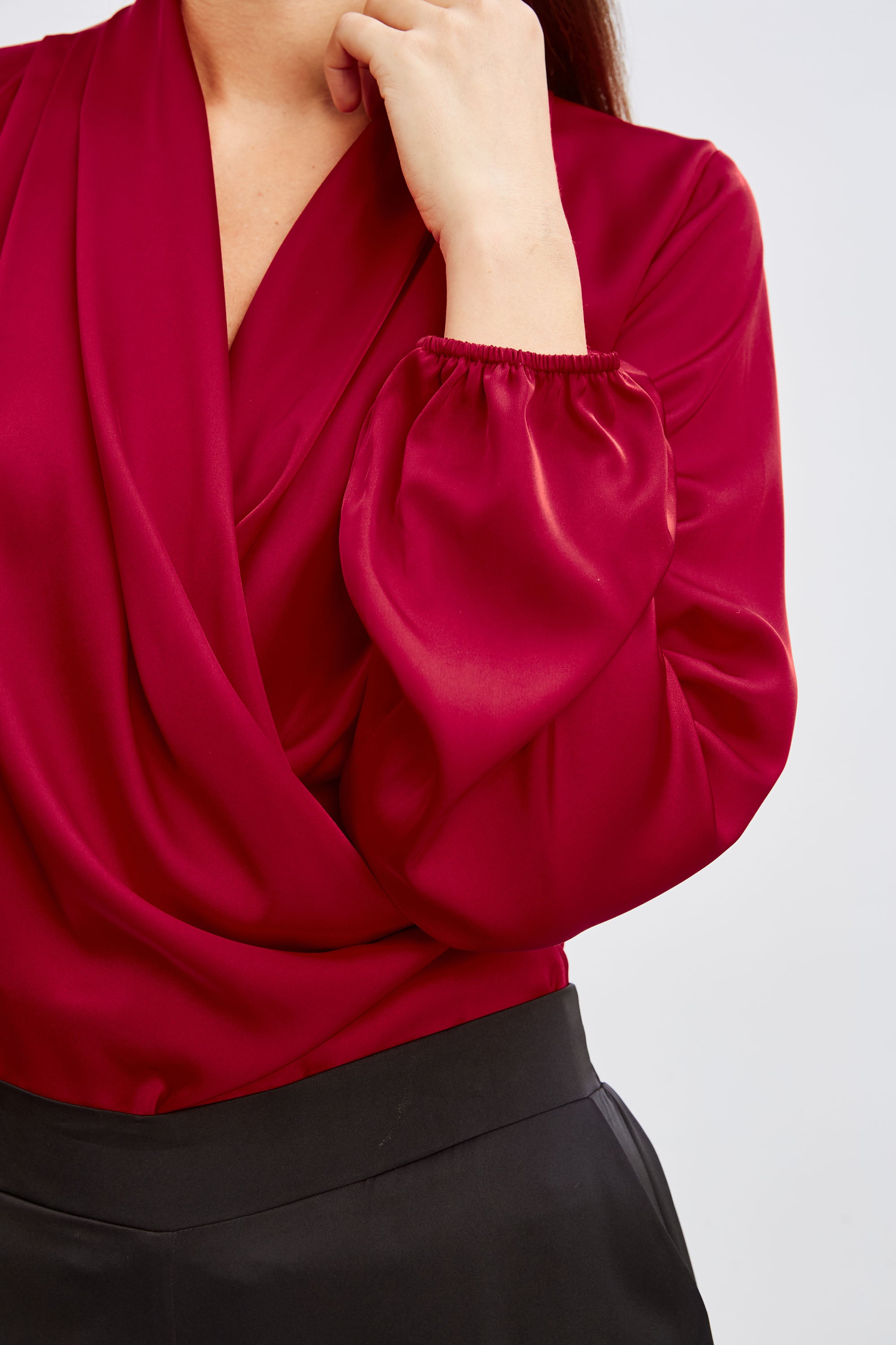 Tahari Faux Wrap Satin Blouse for Women - Elegant Long Sleeve Shirt for Work & Evening Outfits - Perfect for Office, Date Night & Special Occasions