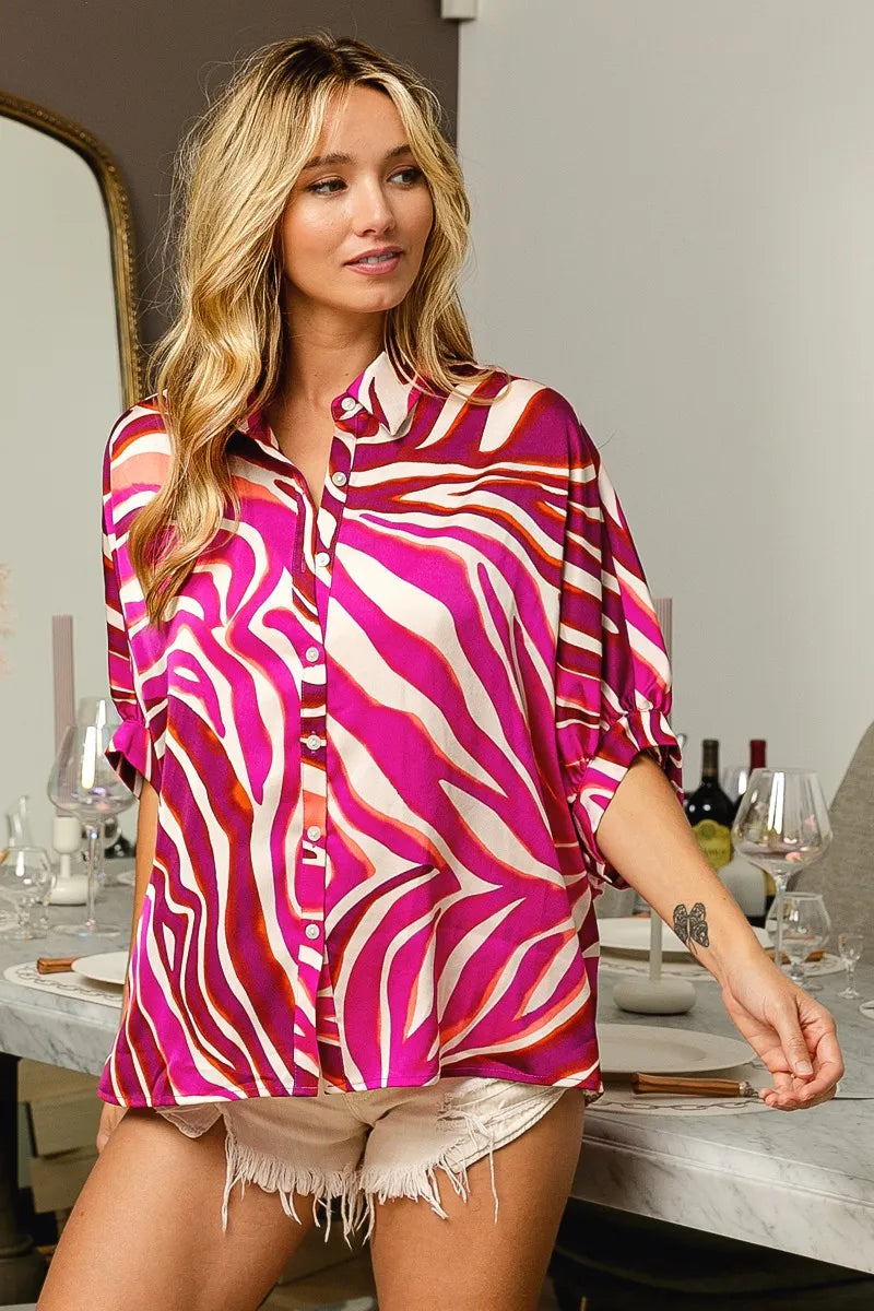 BiBi Zebra Print Dolman Sleeve Silky Satin Blouse for Women | Elegant Party Top & Office Wear