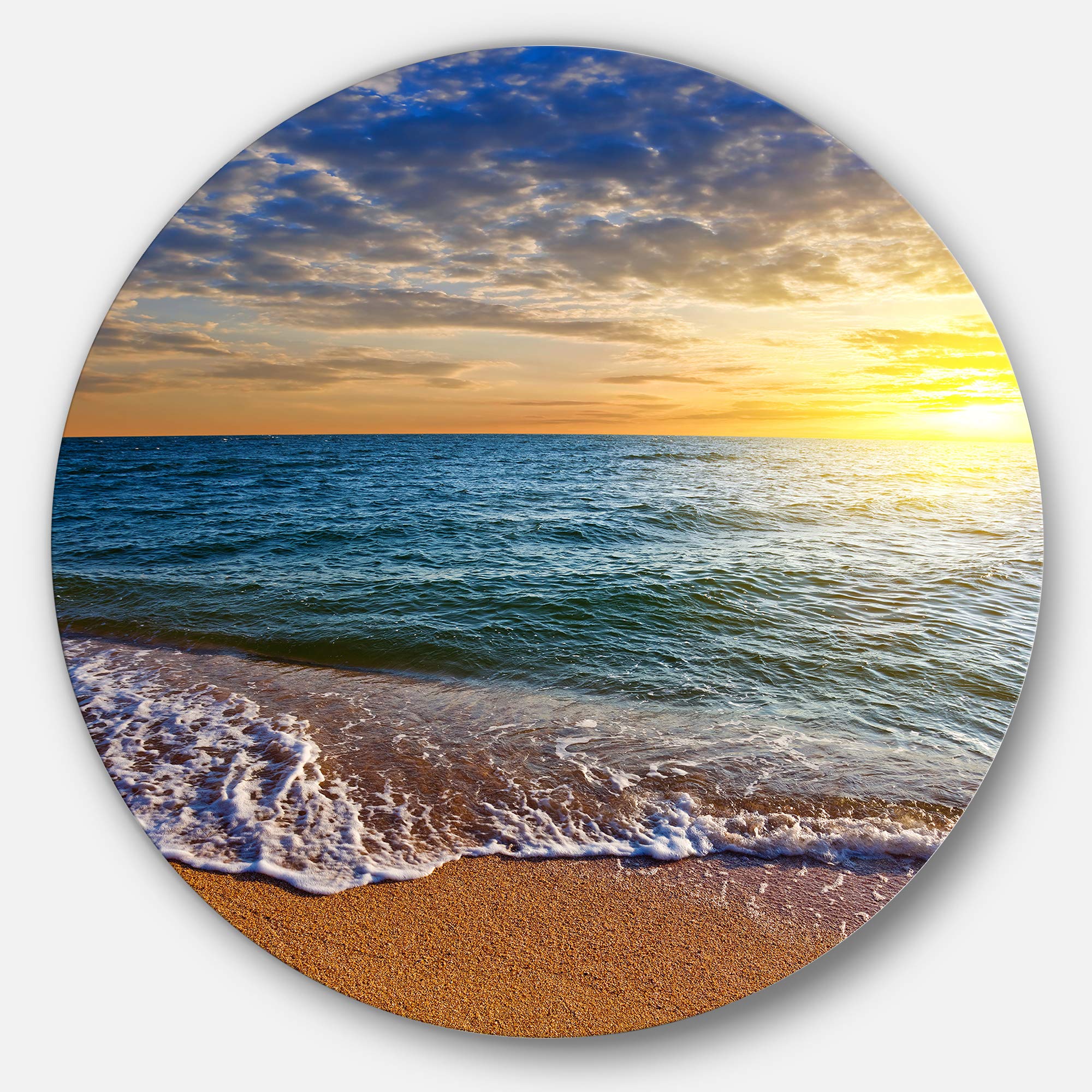 DesignArt Round Metal Wall Art - Vibrant Sunrise Beach Seascape with Layered Colors | Modern Home Decor for Living Room, Bedroom & Office