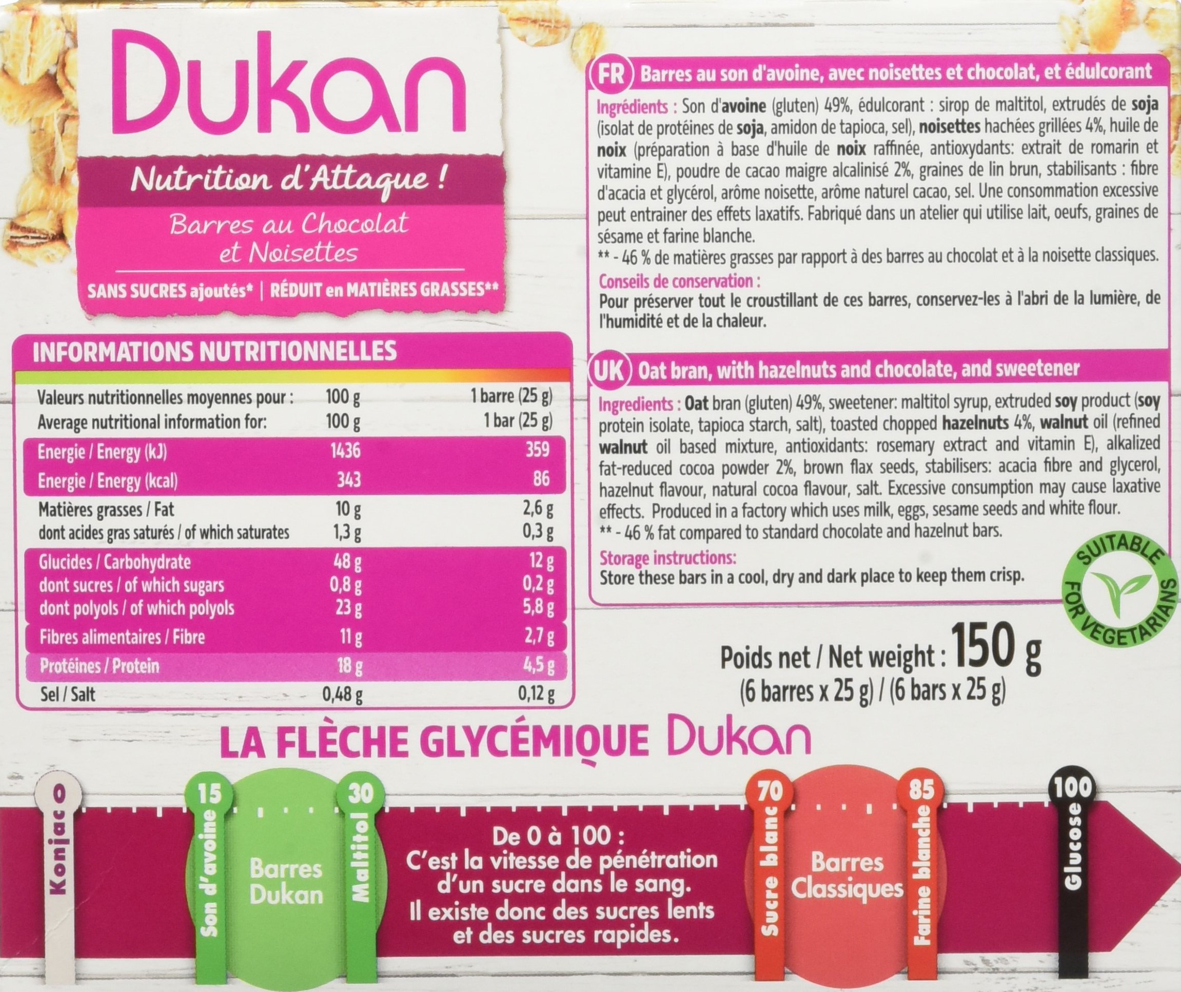 Dukan Chocolate Hazelnut Oat Bran Bars 150g - Low Carb High Protein Snack Bars for Weight Loss, Keto & Paleo Diet - Perfect for Breakfast, Office Snacks & On-the-Go Energy