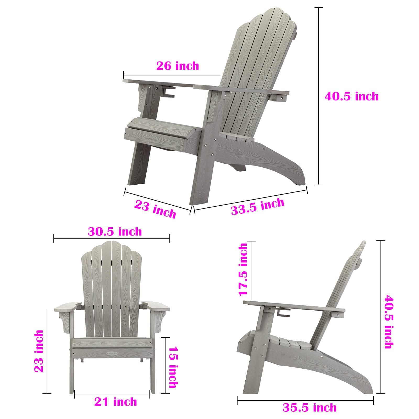 **hOmeHua Oversized Weather-Resistant Plastic Adirondack Chair with Cup Holder - Easy to Assemble & Maintain, Comfortable Outdoor Patio Furniture for Backyard, Deck, Fire Pit, Poolside & Garden (Gray)**