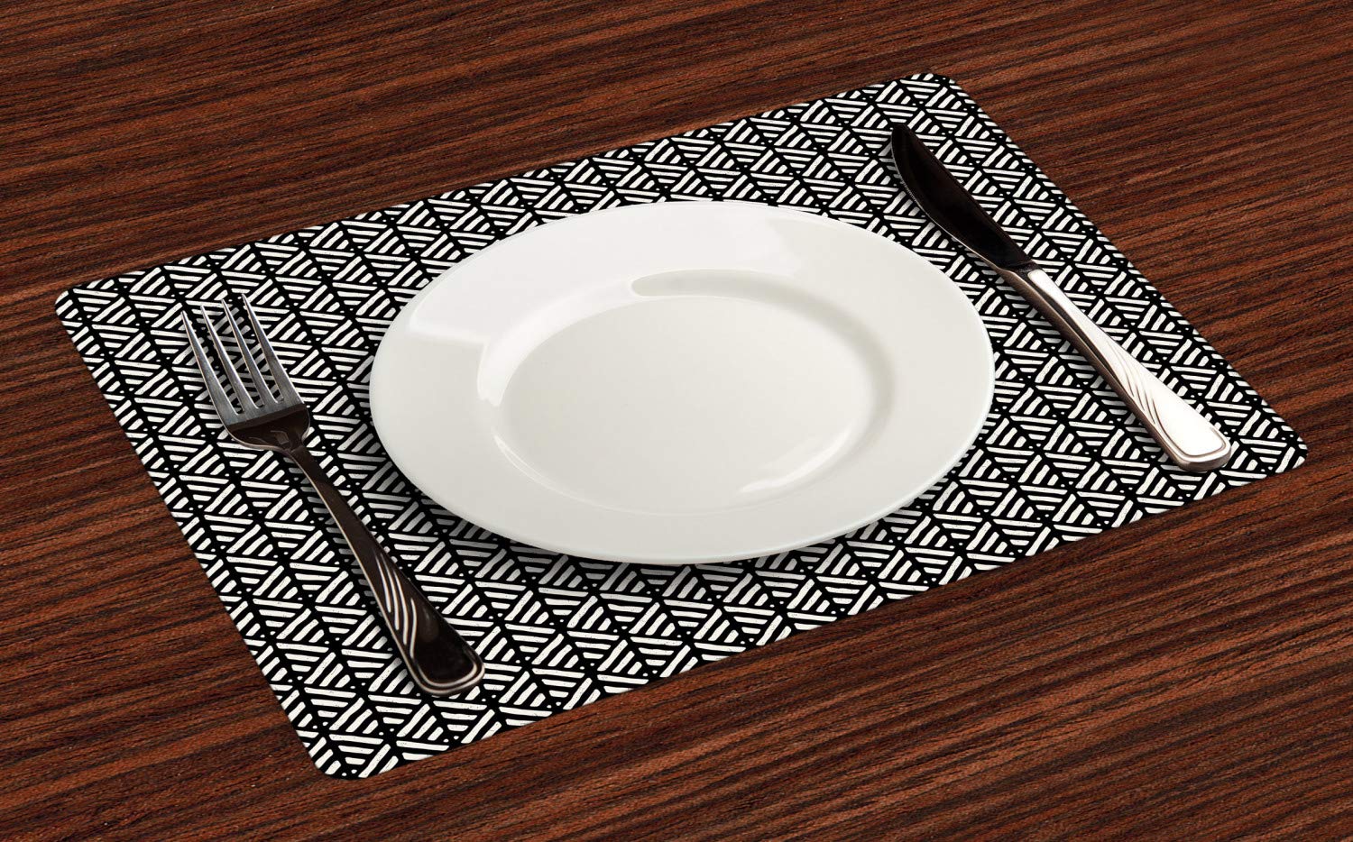 Ambesonne Black and White Place Mats Set of 4 - Abstract Hand-Drawn Lines Retro Geometric Design Washable Fabric Placemats for Dining Table - Standard Size (18