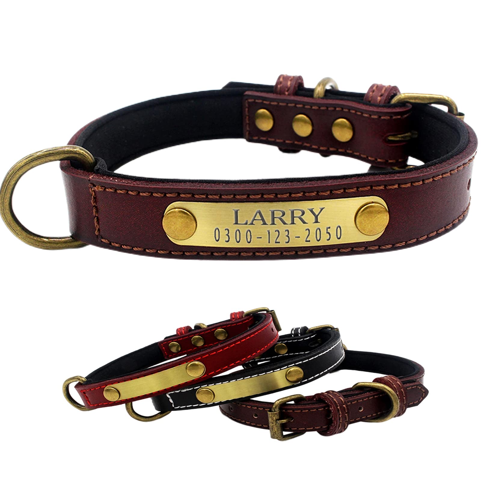 Yonsbox Personalized Leather Dog Collar - Custom Engraved Name Plate, Soft Padded & Adjustable Heavy Duty Thick Brown Collar for Small Medium Large Dogs - Perfect for Training, Walks and Pet Identification