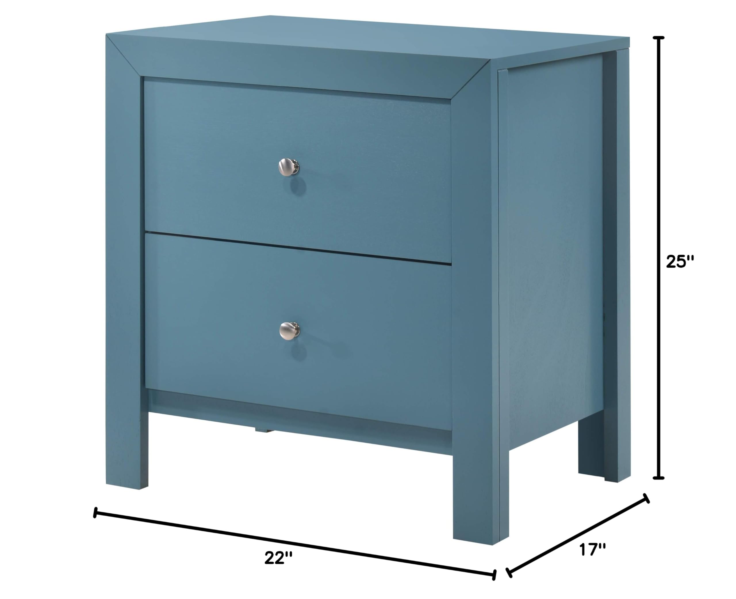 Glory Furniture Burlington 2-Drawer Nightstand in Teal - Modern Bedside Table for Bedroom Storage & Organization