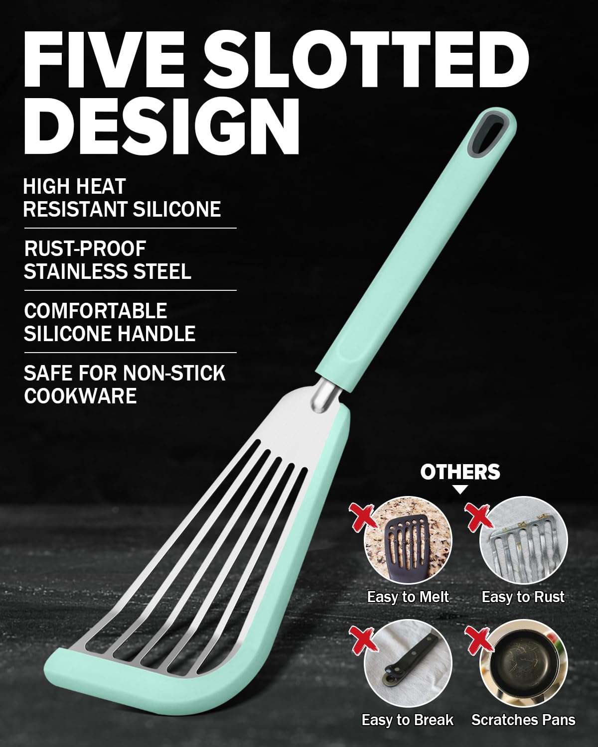 2-Pack Silicone Fish Spatula Turner Set - Thin Slotted Nonstick Cookware Spatulas, Heat Resistant Flexible Stainless Steel Kitchen Utensils for Flipping Fish, Eggs & Pancakes - Perfect for Grilling, Frying & Breakfast Cooking