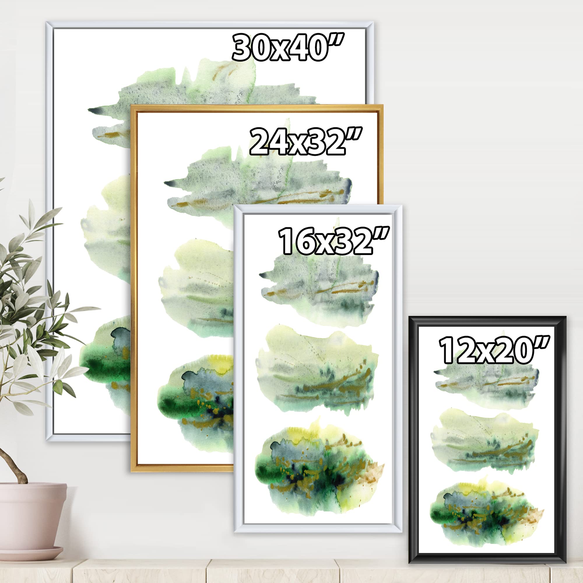 DesignQ Golden Green Abstract Clouds With Blue Points II - Modern Framed Canvas Wall Art Print for Living Room, Bedroom & Office Decor
