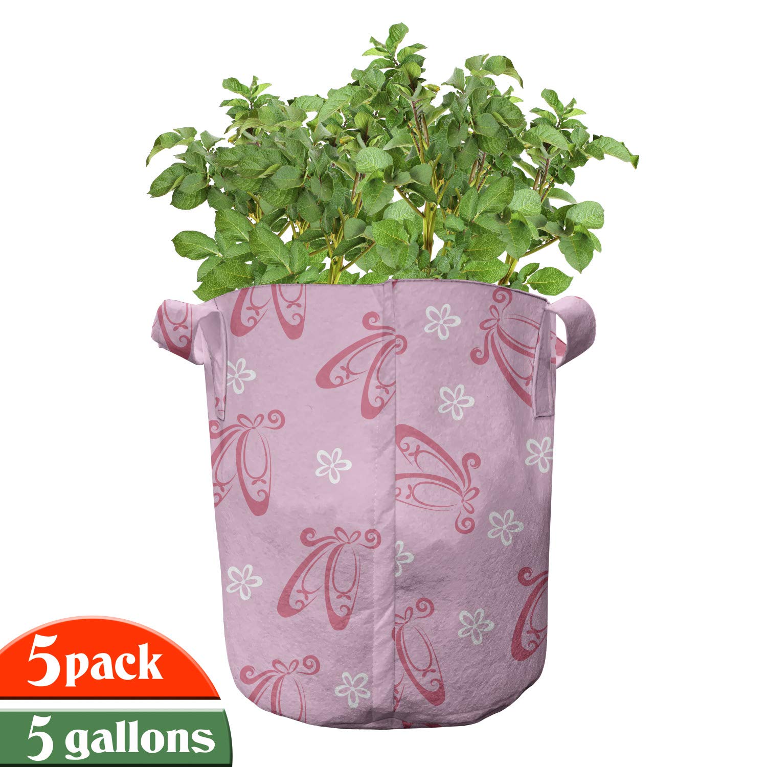 Ambesonne 5-Pack Ballet Grow Bags - Heavy Duty Fabric Plant Pots with Handles, Pink & White Floral Pointe Shoe Design - Perfect for Indoor/Outdoor Gardening, Balcony Decor & Gift Ideas