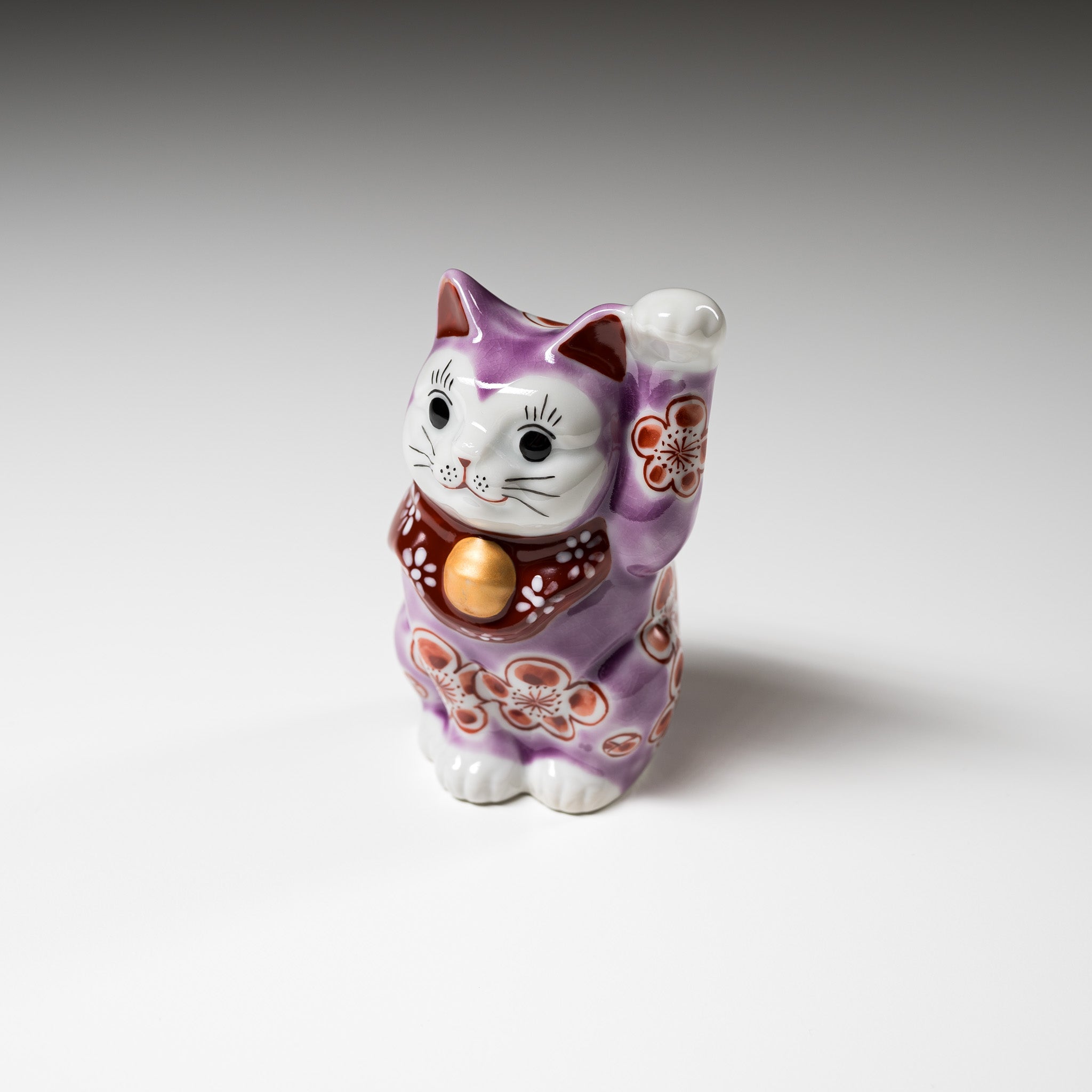 Kutani Ware Purple Beckoning Cat Ichigo - Japanese Lucky Cat Figurine for Home Decor & Gift | Brings Good Fortune & Prosperity