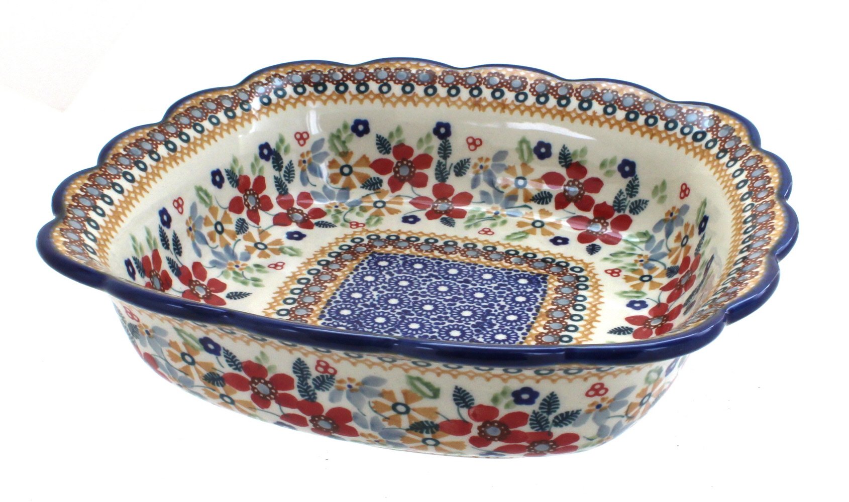 Handmade Blue Rose Polish Pottery Red Daisy Small Square Serving Dish - Perfect for Appetizers, Desserts, and Party Snacks