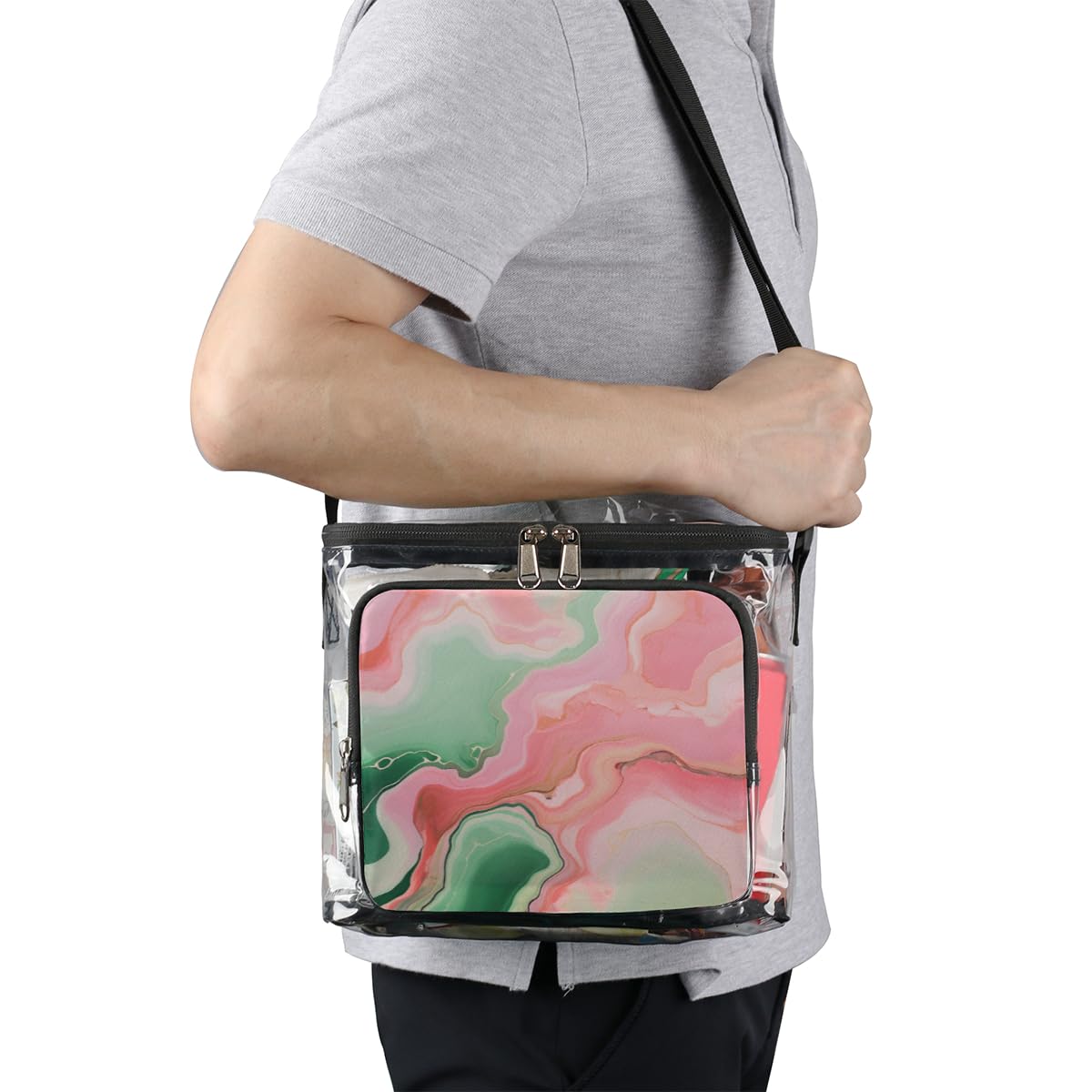 Abstract Ink Paint Clear Tote Bag with Handles - Pink & Green Liquid Texture Transparent Crossbody Shoulder Bag for Women | Perfect for Lunch, Outdoor Travel, Picnic, Concerts & Sports Events (Stadium Approved)