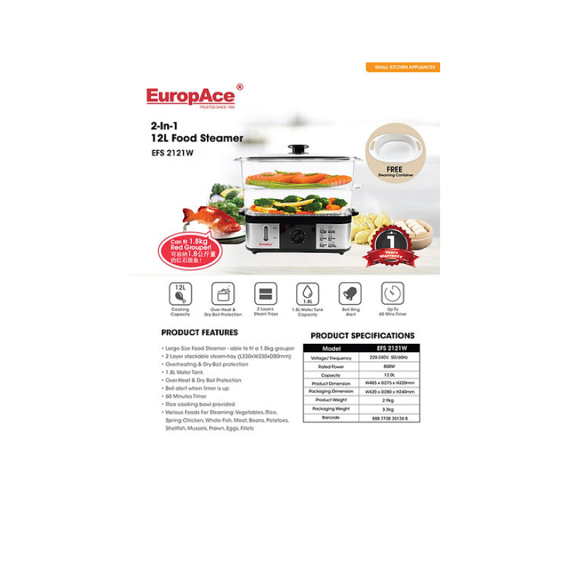 EuropAce EFS2121W 12L 2-Tier Electric Food Steamer for Healthy Cooking - Perfect for Vegetables, Dumplings & Meal Prep in Home Kitchen
